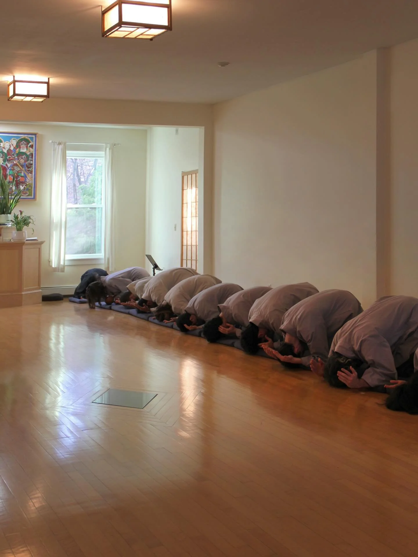 For Zen students, the day begins with 108 prostrations (bows). In the Korean tradition, there are 108 Buddhas and Bodhisattvas. Another explanation is that human beings have 108 kinds of delusions and we bow in order to cut them off. We are not bowin