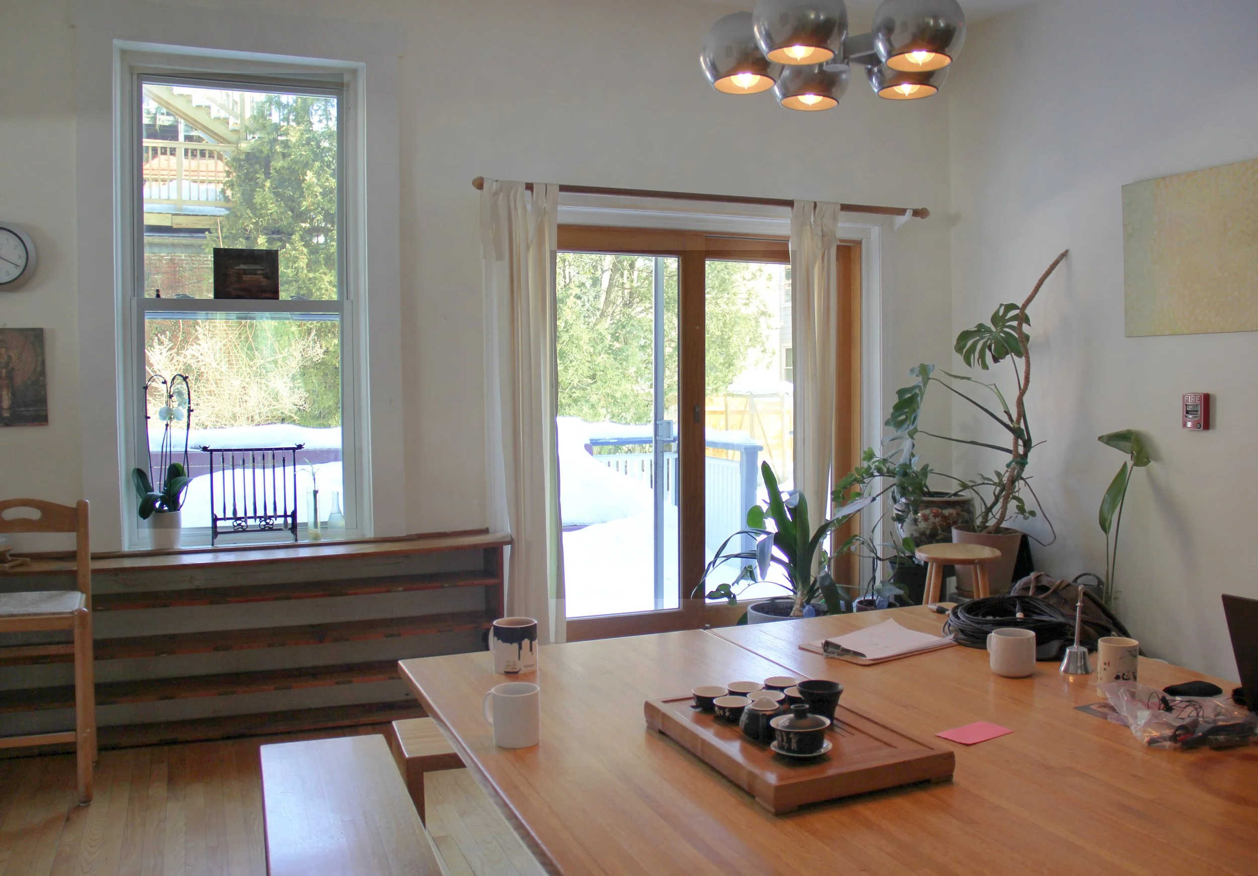 Interior of a dining room with wooden table, potted plants, sliding glass door, window with curtains, and modern ceiling light fixture.
