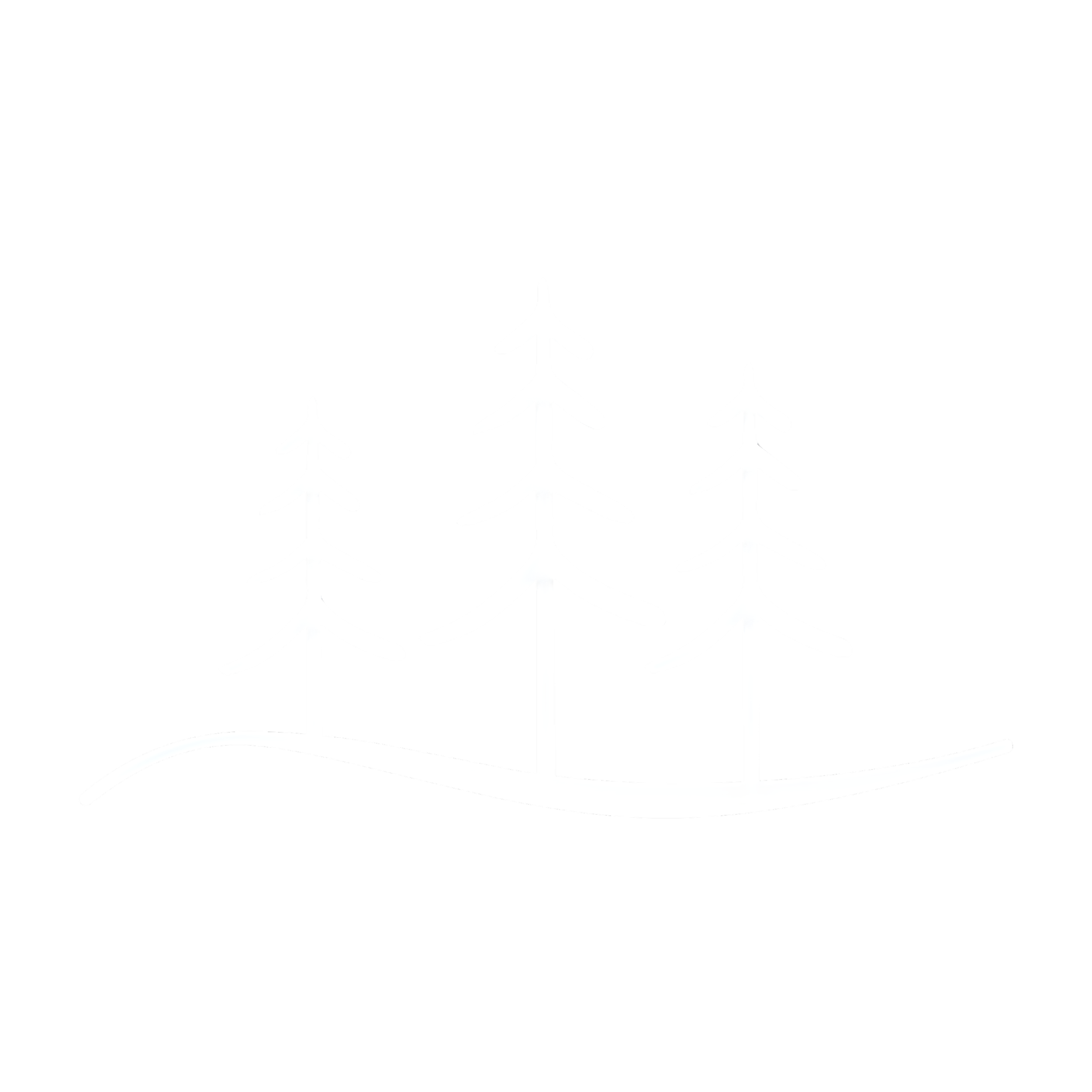 Black background with white line art of a stylized Christmas tree with layered branches.