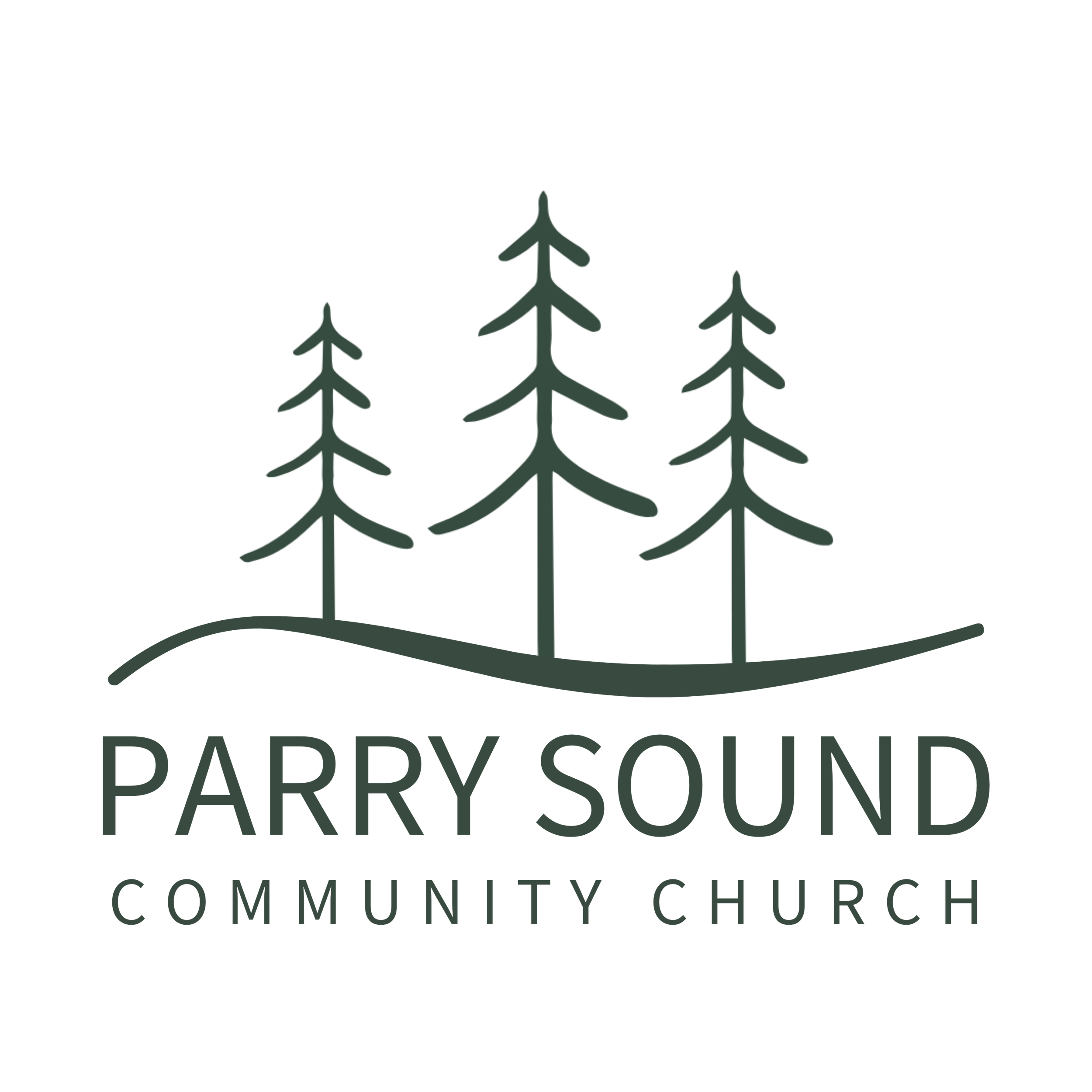 Logo for Paddy Sound Community Church with stylized evergreen trees