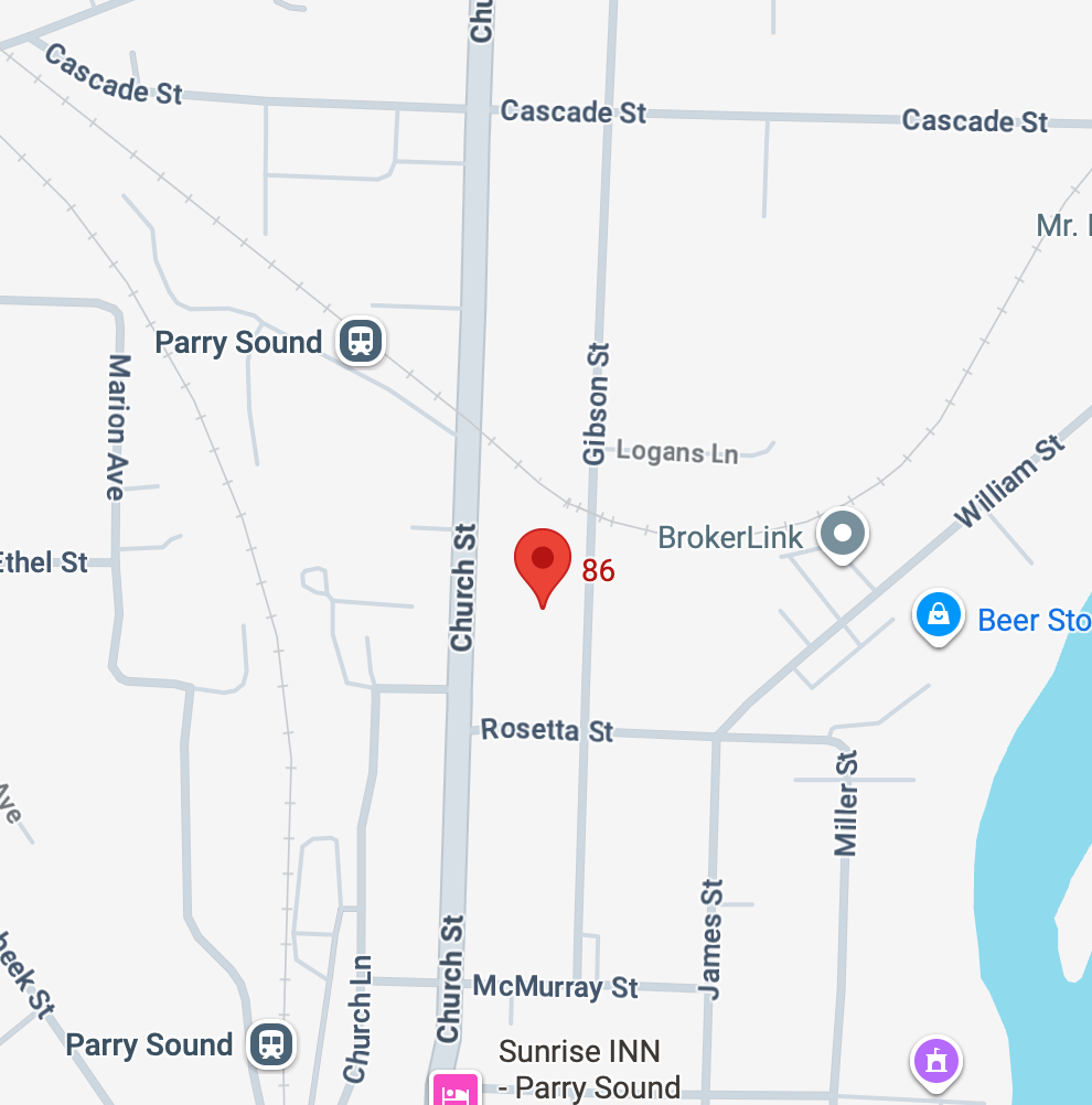 Map showing a location at 86 Church Street near Rosetta Street, with nearby landmarks including the Parry Sound train station, BrokerLink insurance, and a beer store, in Parry Sound, Canada.