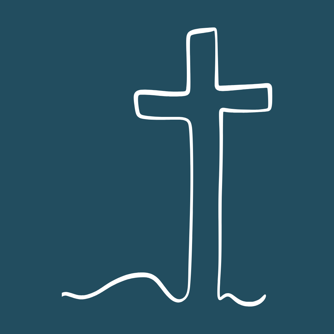 A white outline of a Christian cross on a dark blue background.
