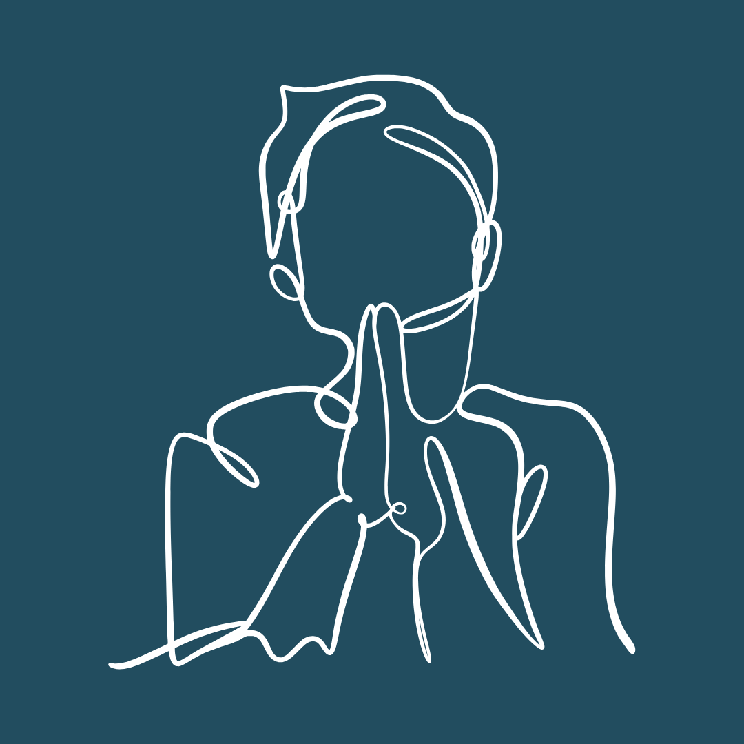 Line art illustration of a person with their hands together in a prayer or quiet gesture, facing forward, minimalistic style.