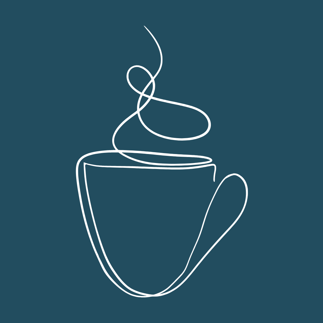 A minimalist, line-art illustration of a mug with steam rising from it, set against a dark teal background.