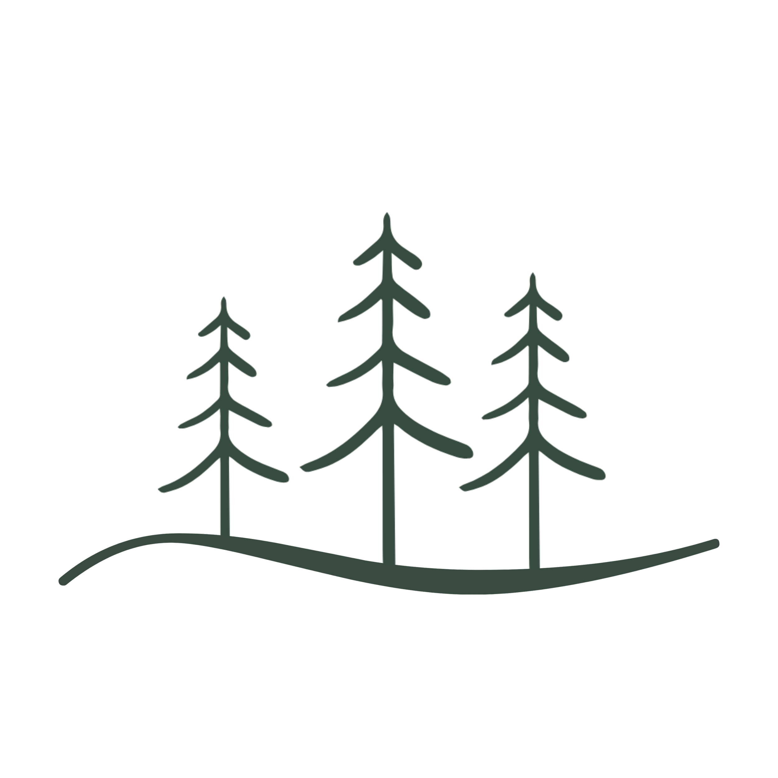 A digital illustration of several pine trees positioned in a stylized, abstract landscape with a colorful background of pink, purple, and blue hues.