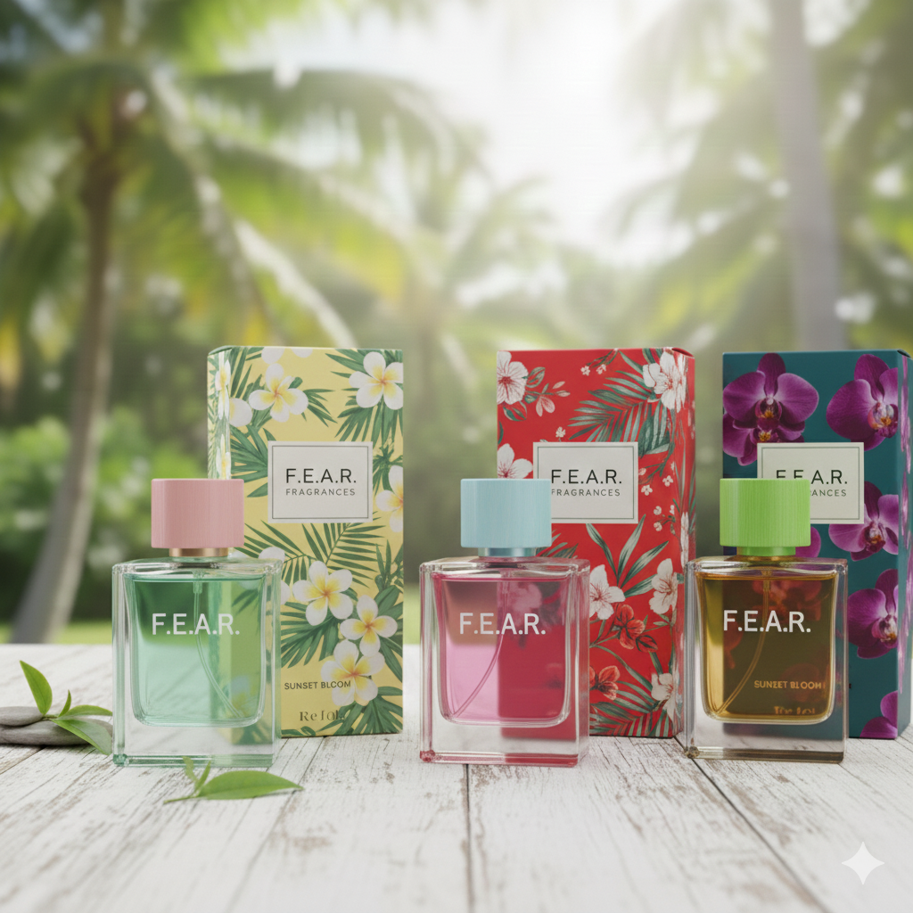 Three bottles of F.E.A.R. fragrances with colorful floral packaging on a wooden surface, with a blurred tropical background.