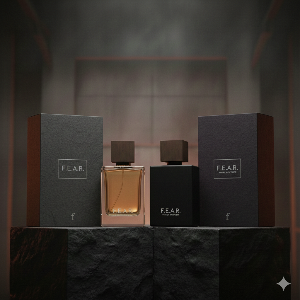 Two perfume bottles with black boxes on either side, displayed on a dark textured surface in a dimly lit room.
