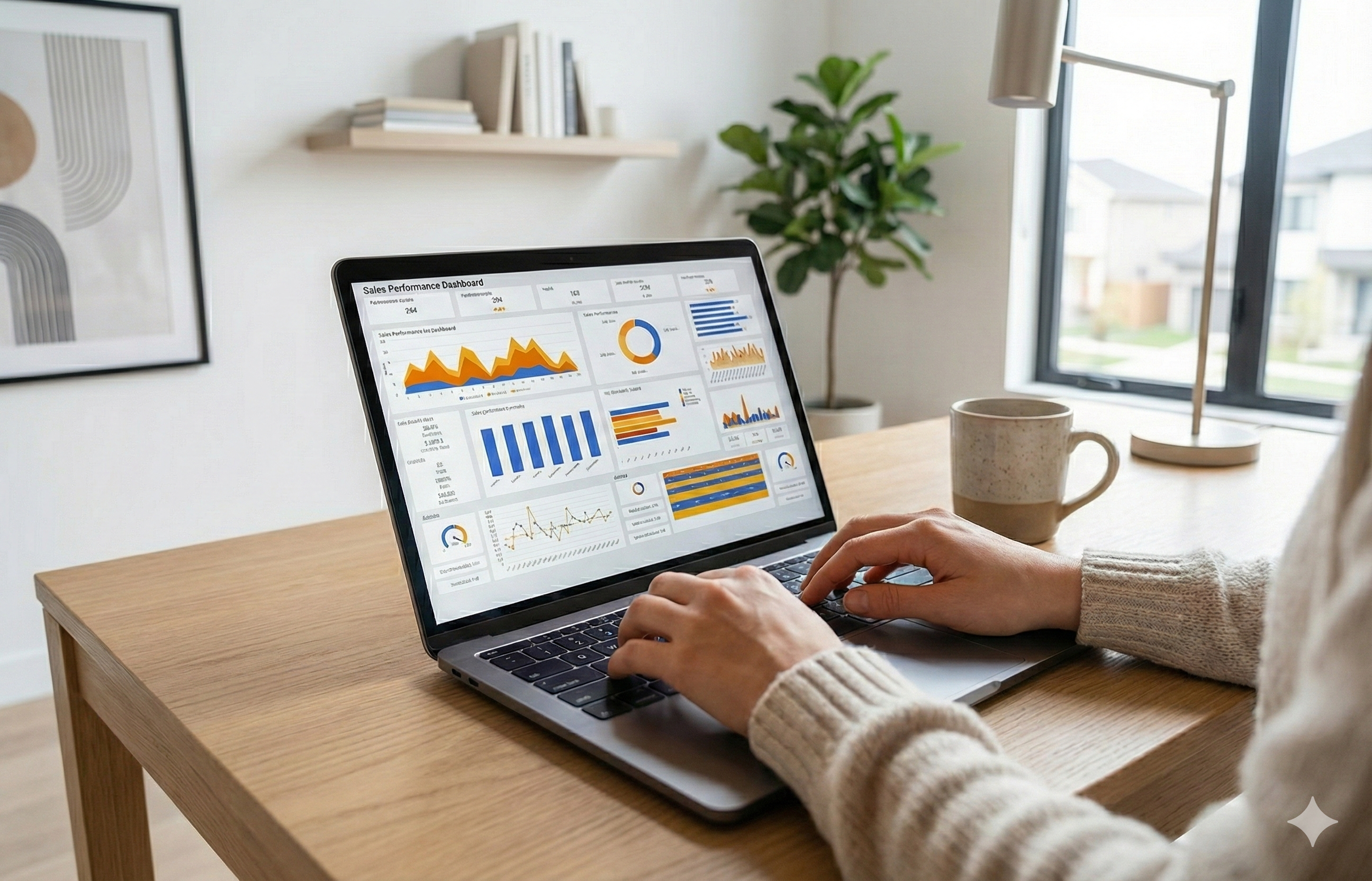 A detailed sales performance dashboard on a laptop, representing the weekly marketing audits Monica O'Keefe performs to ensure maximum exposure for her listings from Gwinnett to South Carolina.