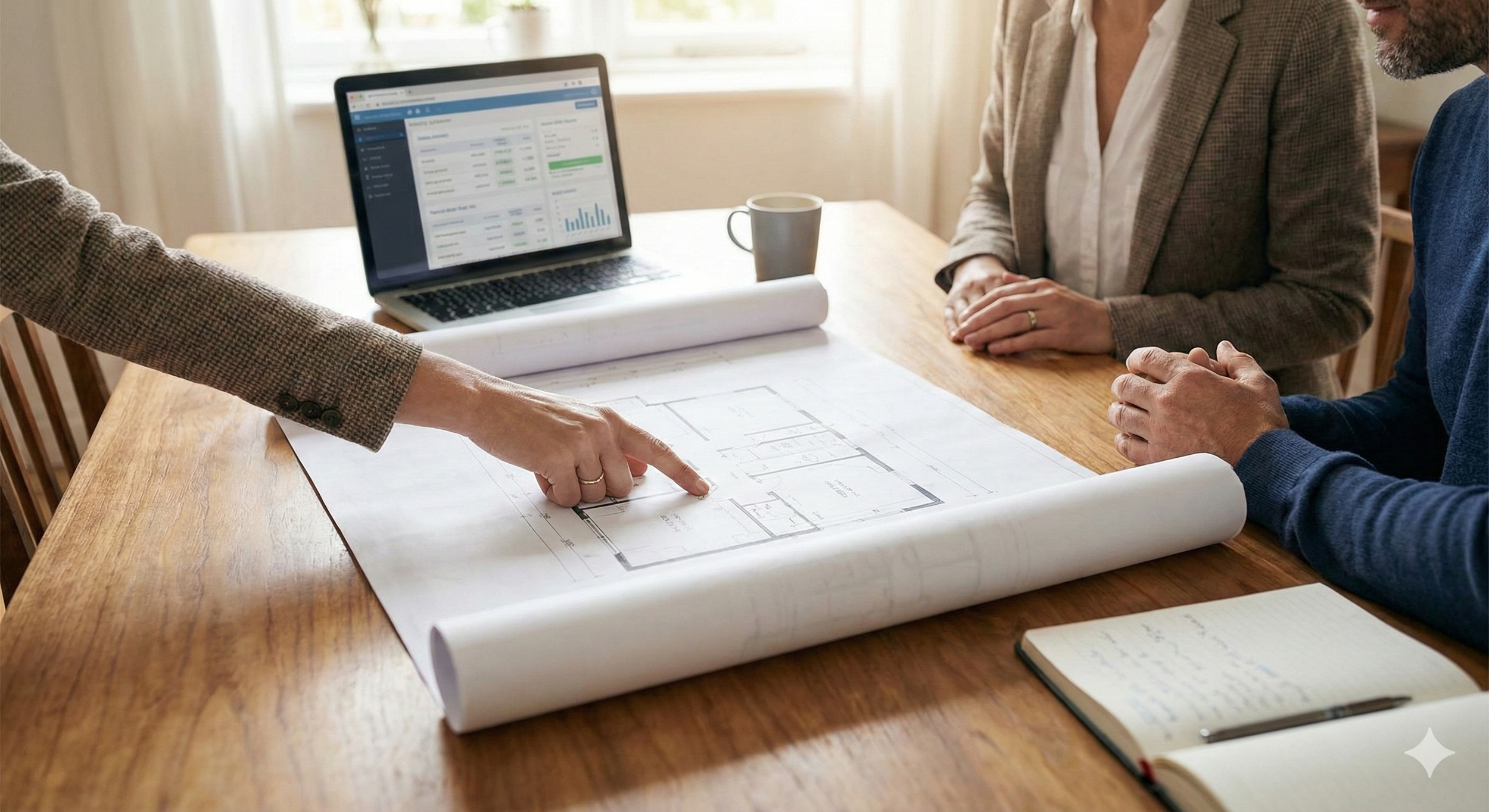 Monica O'Keefe, The Real Estate Architect, pointing to architectural blueprints during a client consultation, demonstrating technical precision and strategic planning for real estate transitions.