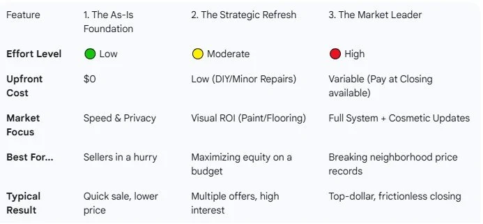 A strategic real estate comparison chart titled "Blueprint Comparison" showing three paths for home sellers: The As-Is Foundation, The Strategic Refresh, and The Market Leader, comparing effort, upfront cost, and typical market ROI.