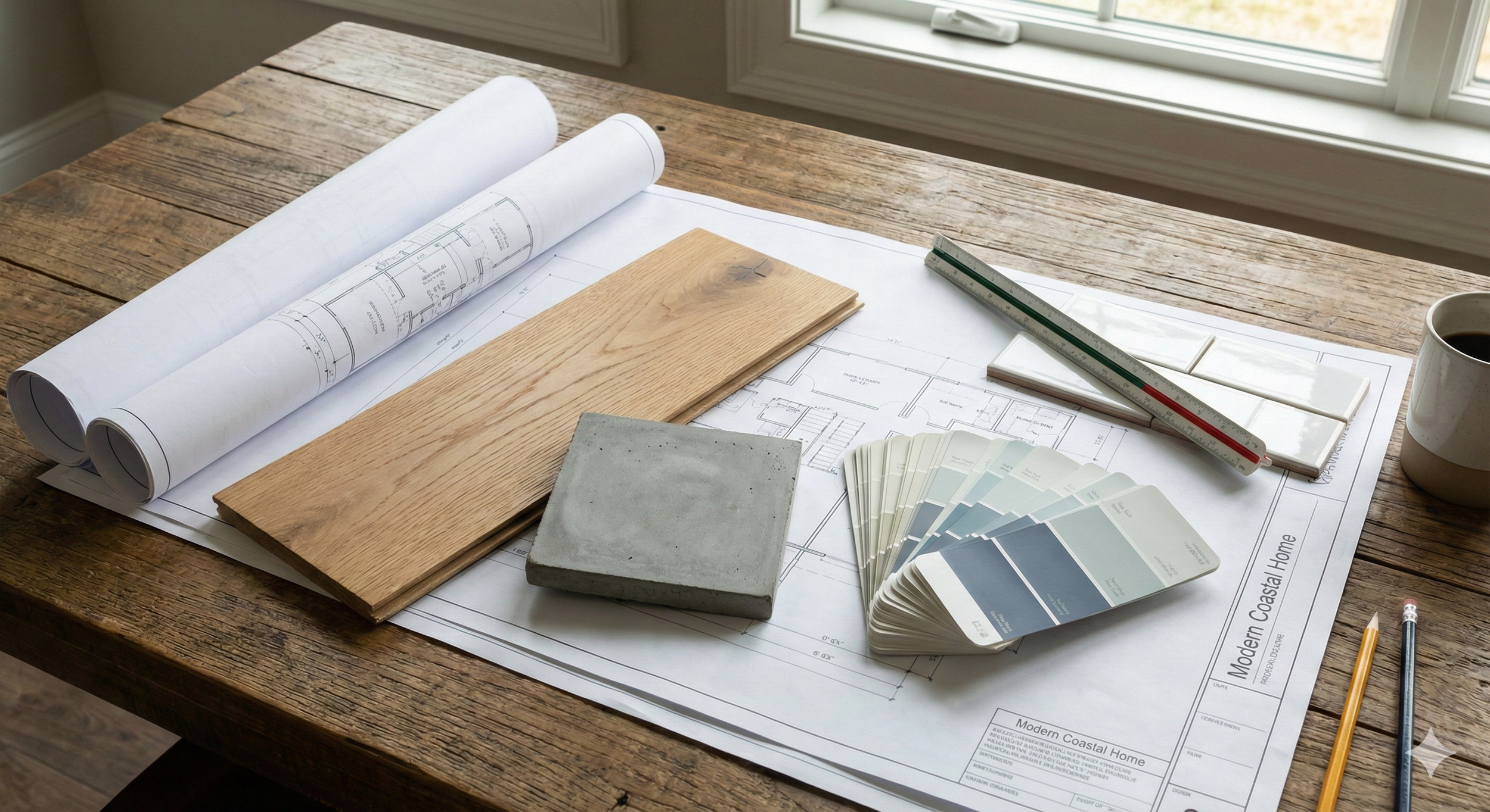 Architectural plans, flooring samples, and paint swatches on a wooden table, illustrating the pre-listing equity audit Monica O'Keefe performs to maximize home value from the Gwinnett corridor to South Carolina