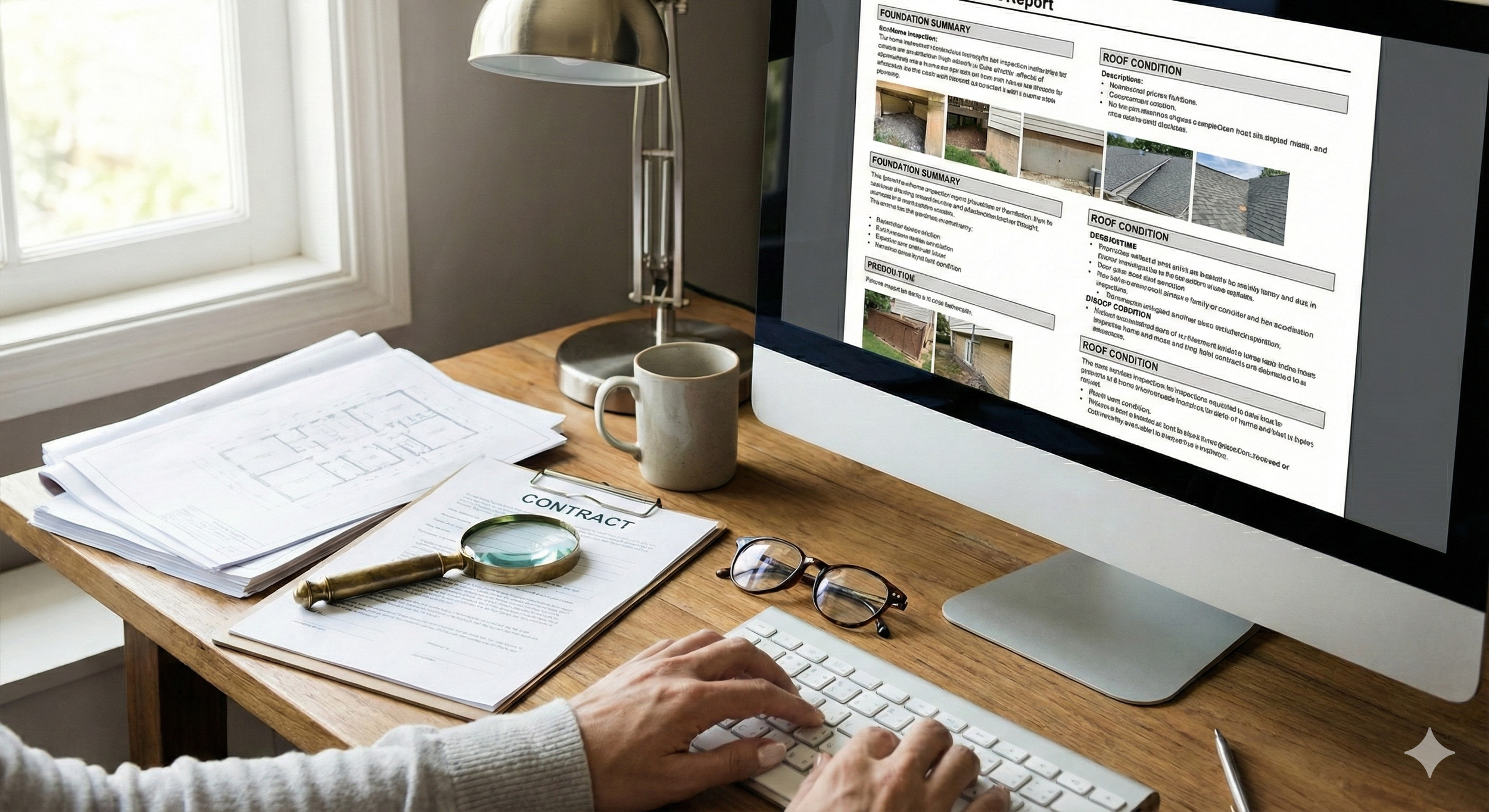 A desktop workspace featuring a detailed home inspection report and contract under review, representing the technical precision and diligent closing coordination Monica O'Keefe provides for every transition.