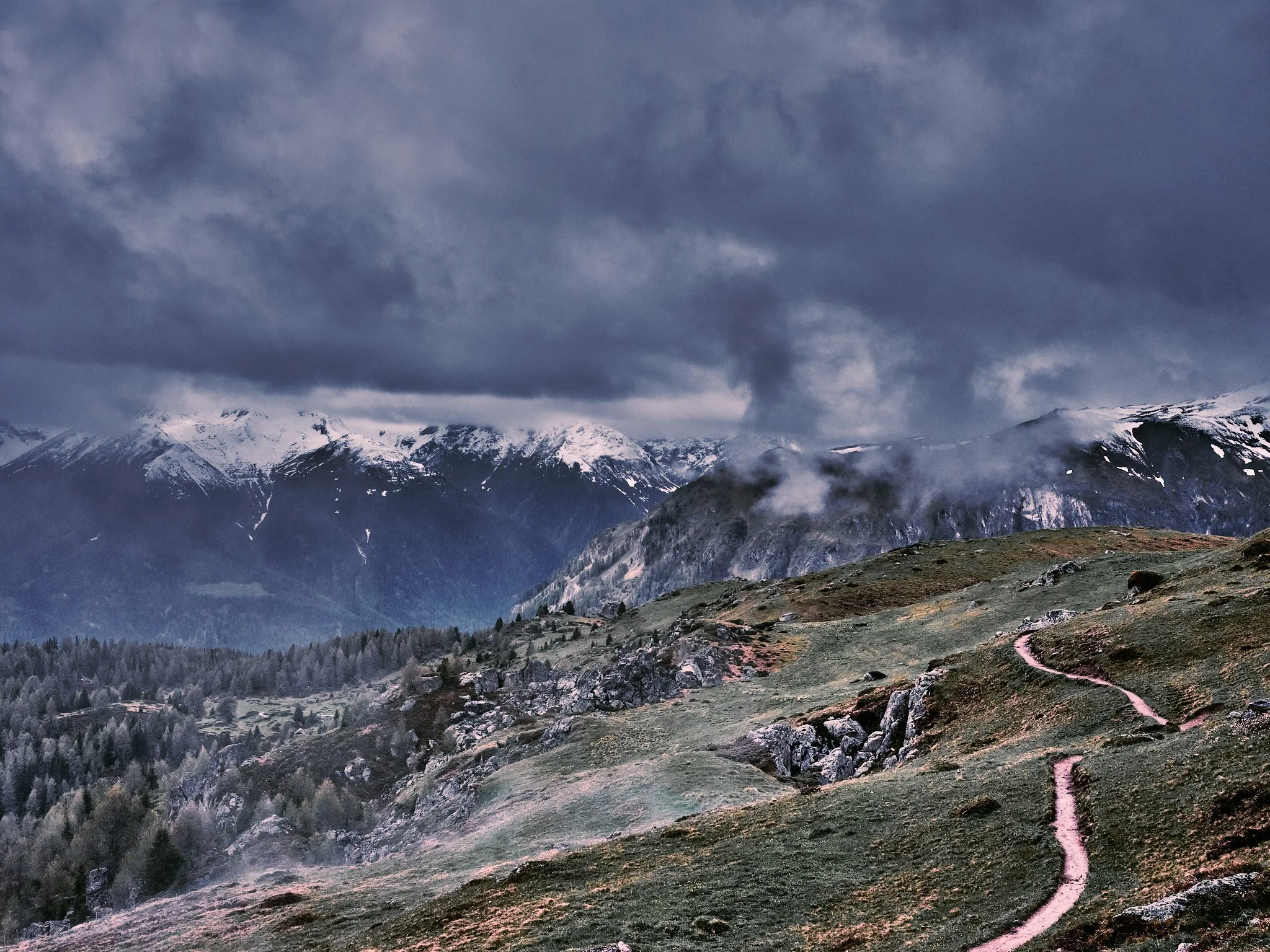 Scenic view of snow-capped mountains under a cloudy sky, with a winding trail on a grassy hillside in the foreground.