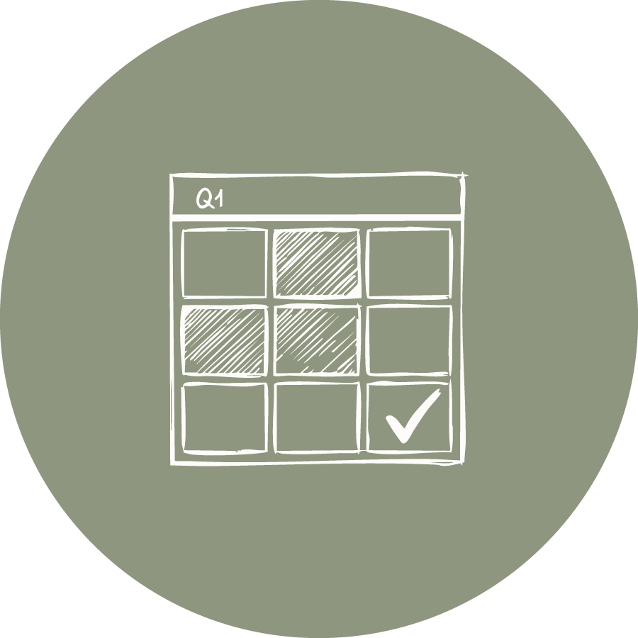 Hand-drawn checklist with nine boxes, with a checkmark in the bottom right box. The boxes are arranged in a three-by-three grid, and the top of the checklist has the label 'Q1'.