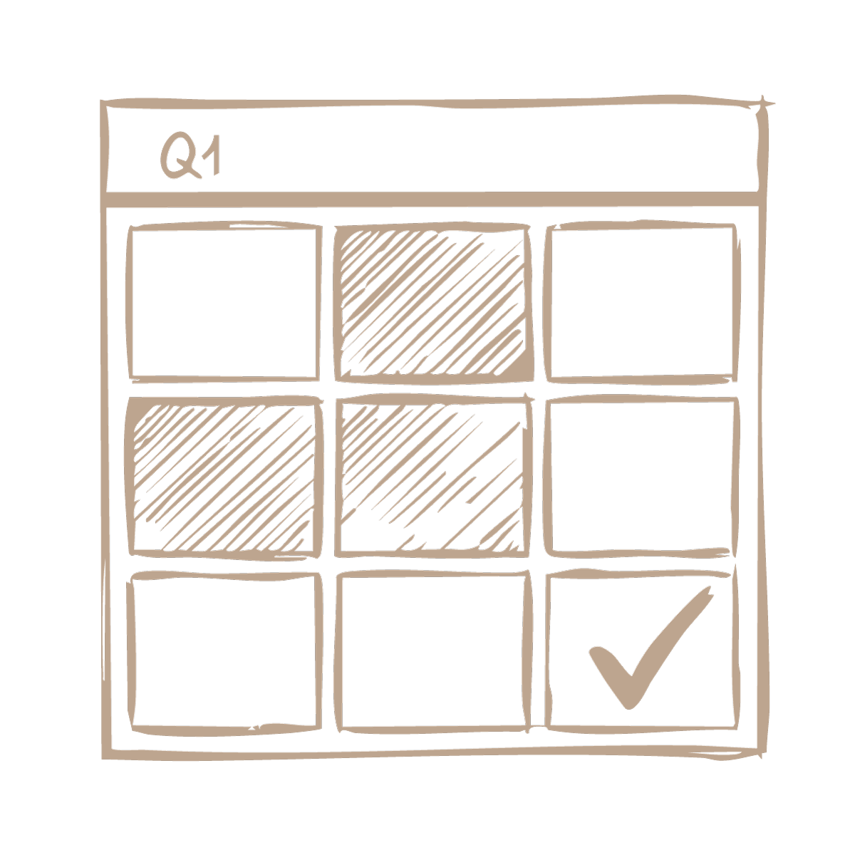 Sketch of a checkmark on a grid with nine boxes, labeled 'Q1' at the top.