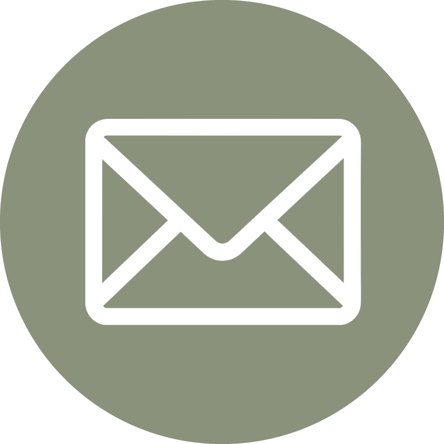 Icon of a white envelope email symbol on a greenish gray circular background.