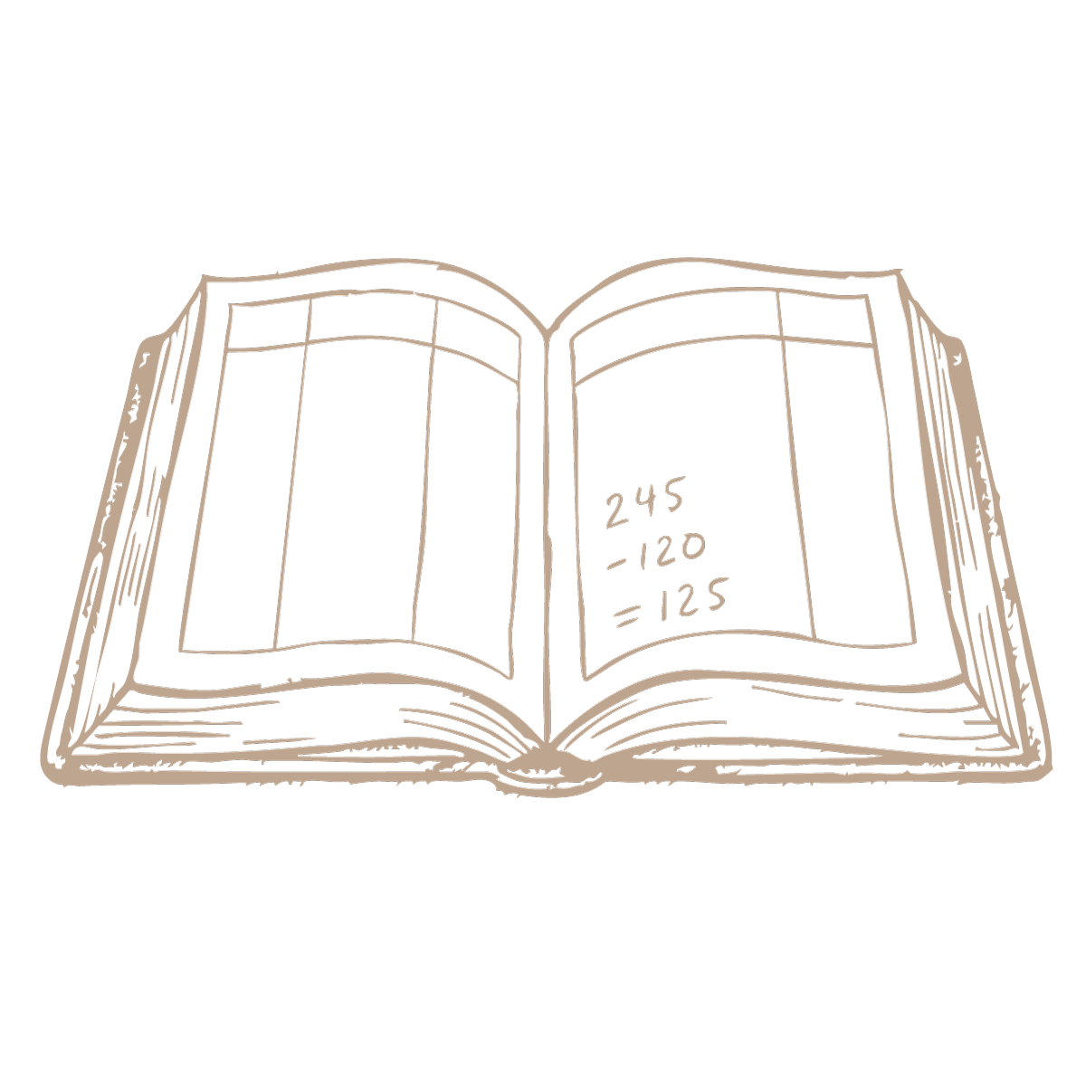 Hand-drawn open book with mathematical equations written on the right page: 245 minus 120 equals 125.