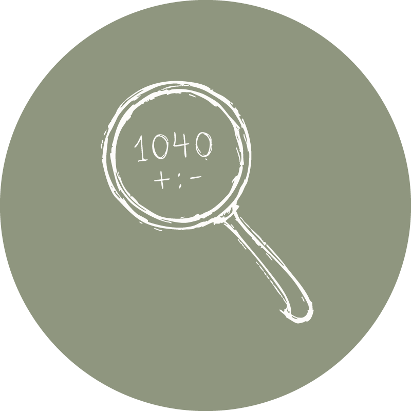 Sketch of a magnifying glass with the numbers '1040' and mathematical symbols inside.