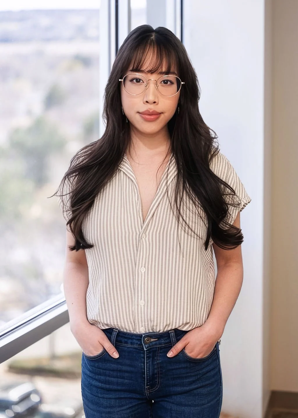A woman with long dark hair, glasses, and a striped beige blouse standing indoors near a window.