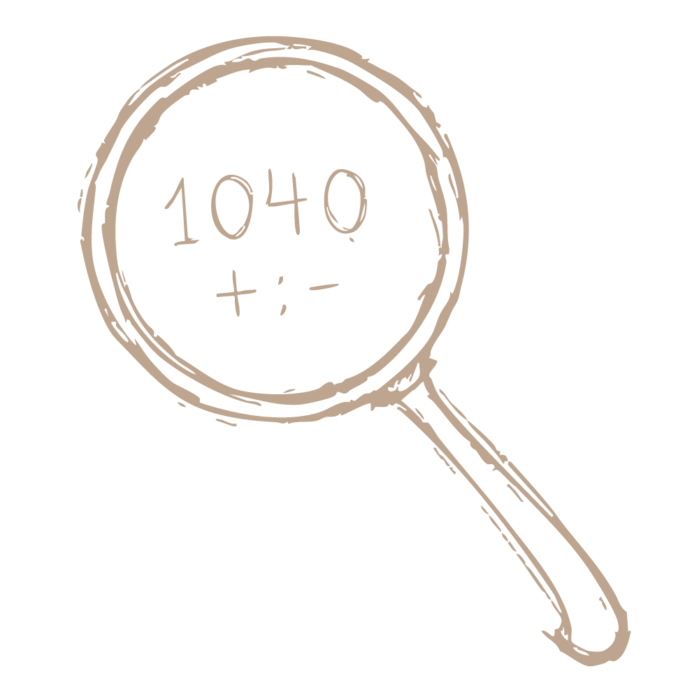 A cartoon-style magnifying glass with the chemical formula '1040 + ;' written inside.
