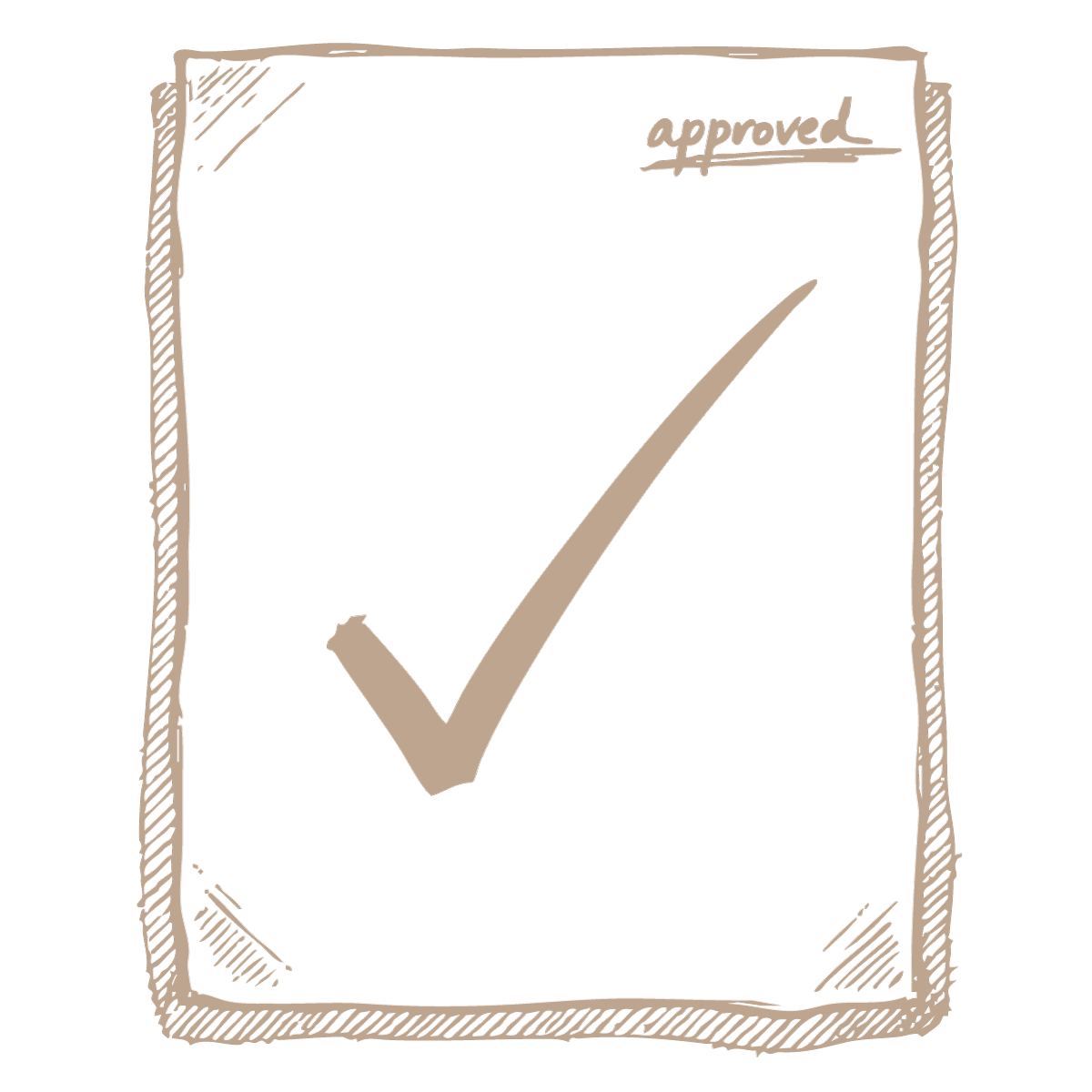 A hand-drawn sketch of a checklist with a large checkmark and the word "approved" written in the top right corner.