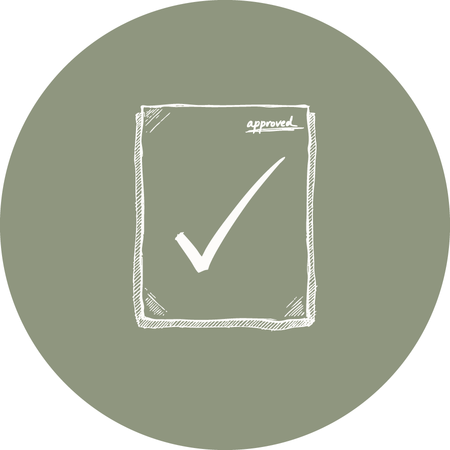 A sketch of a checklist with a large checkmark and the word 'approved' written at the top.