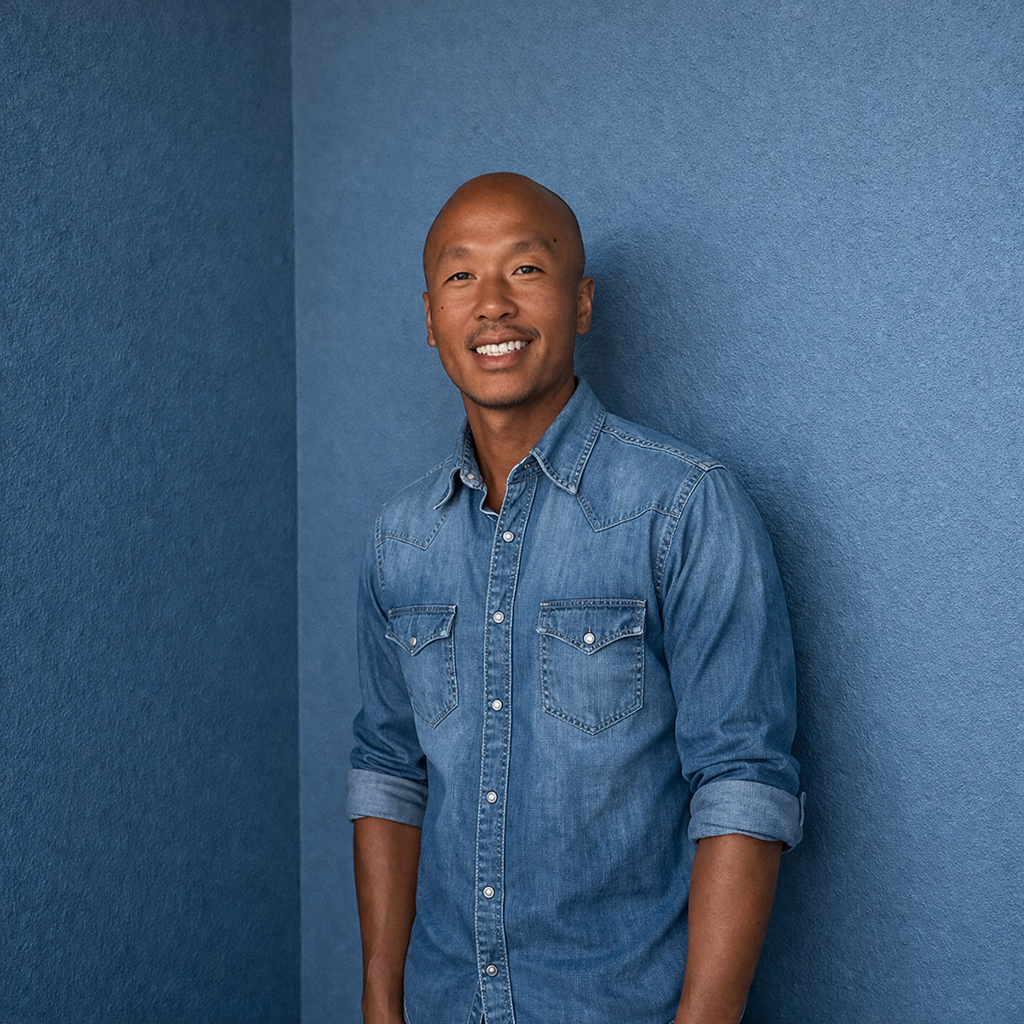A smiling man in a denim shirt standing against a blue wall.