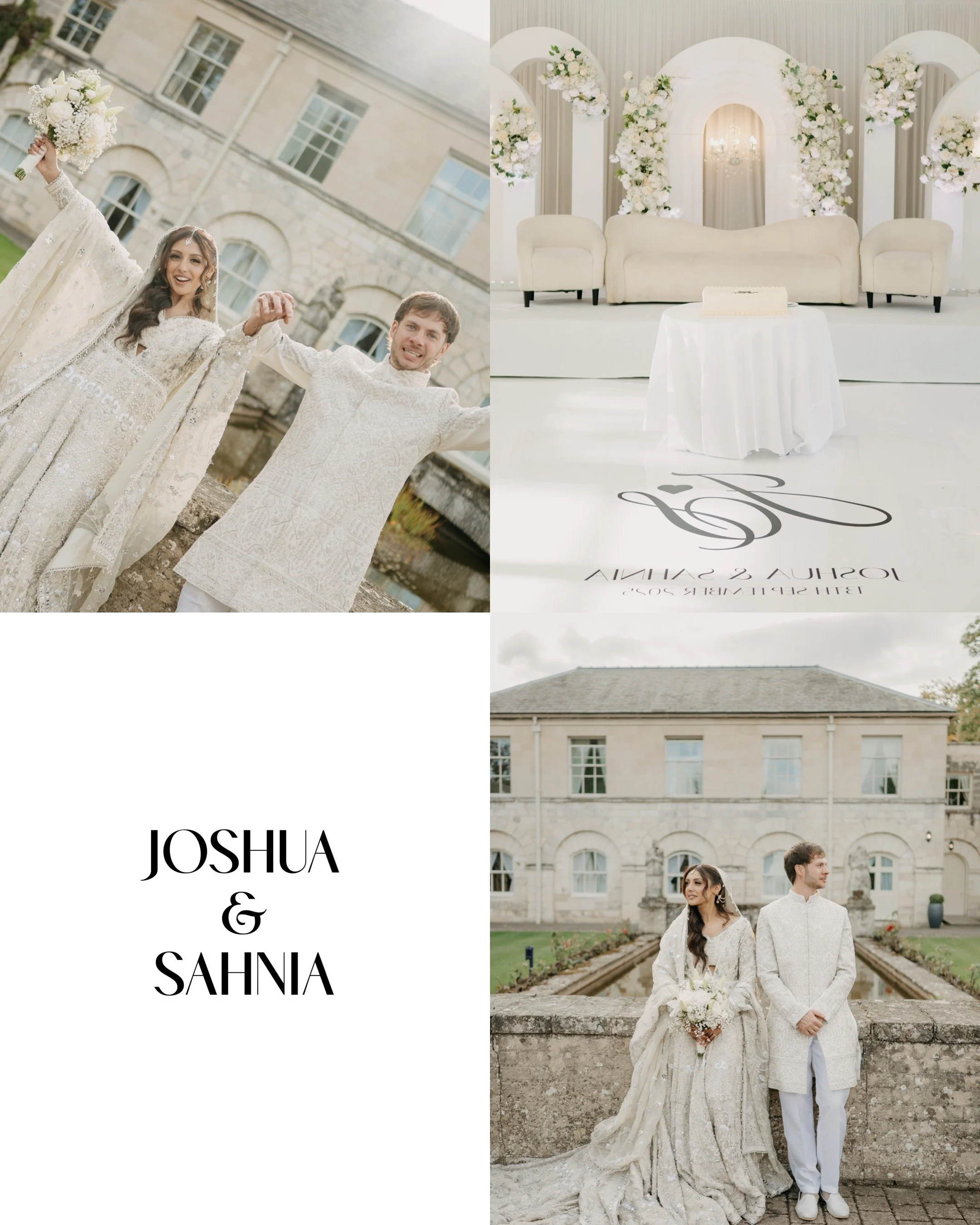 A wedding collage featuring a bride and groom, a decorated ceremony space, a wedding invitation with the names Joshua and Sahnia, and outdoor photos of the couple in wedding attire.