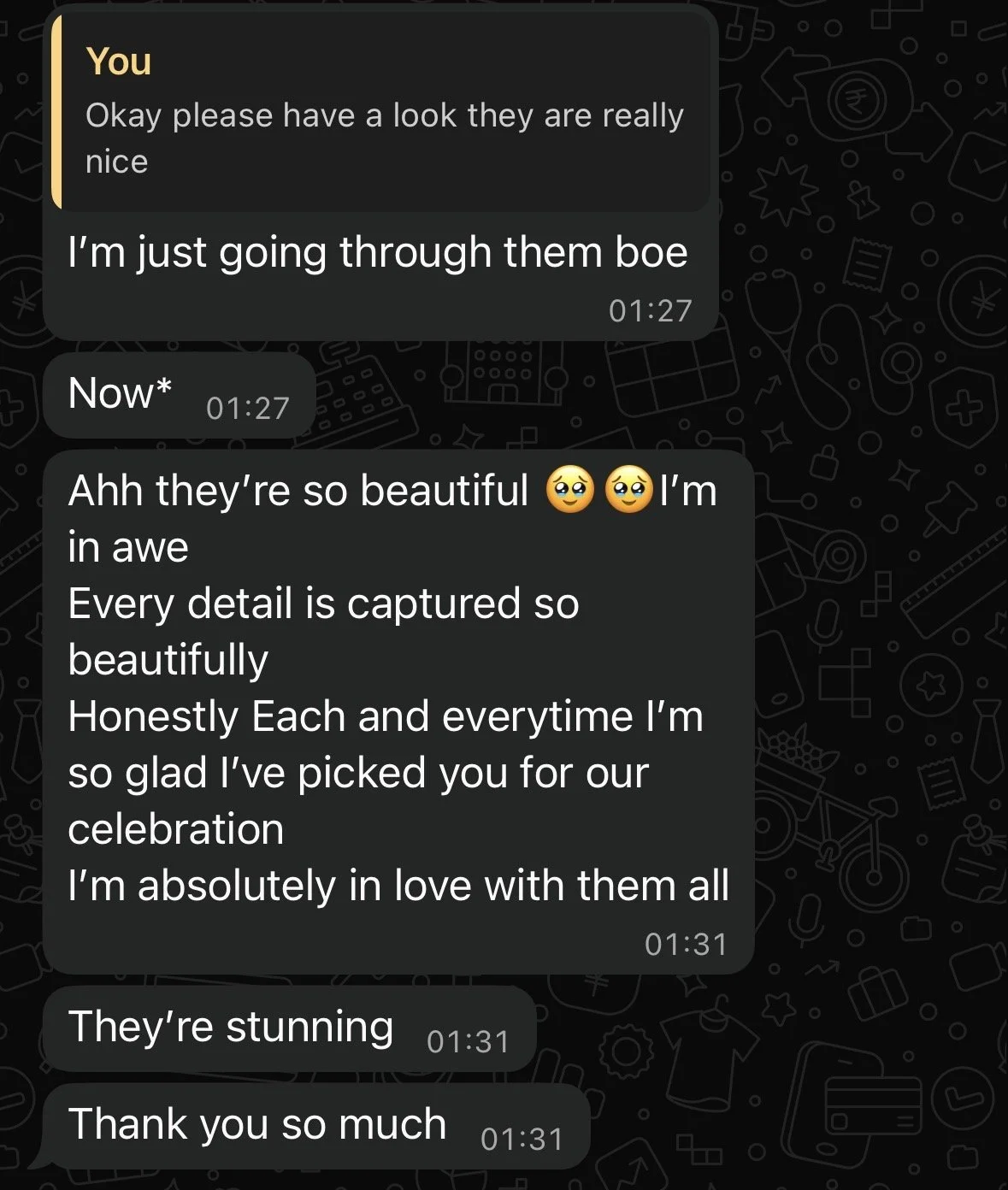 Screenshot of a WhatsApp conversation where the sender is admiring the beauty of flowers.