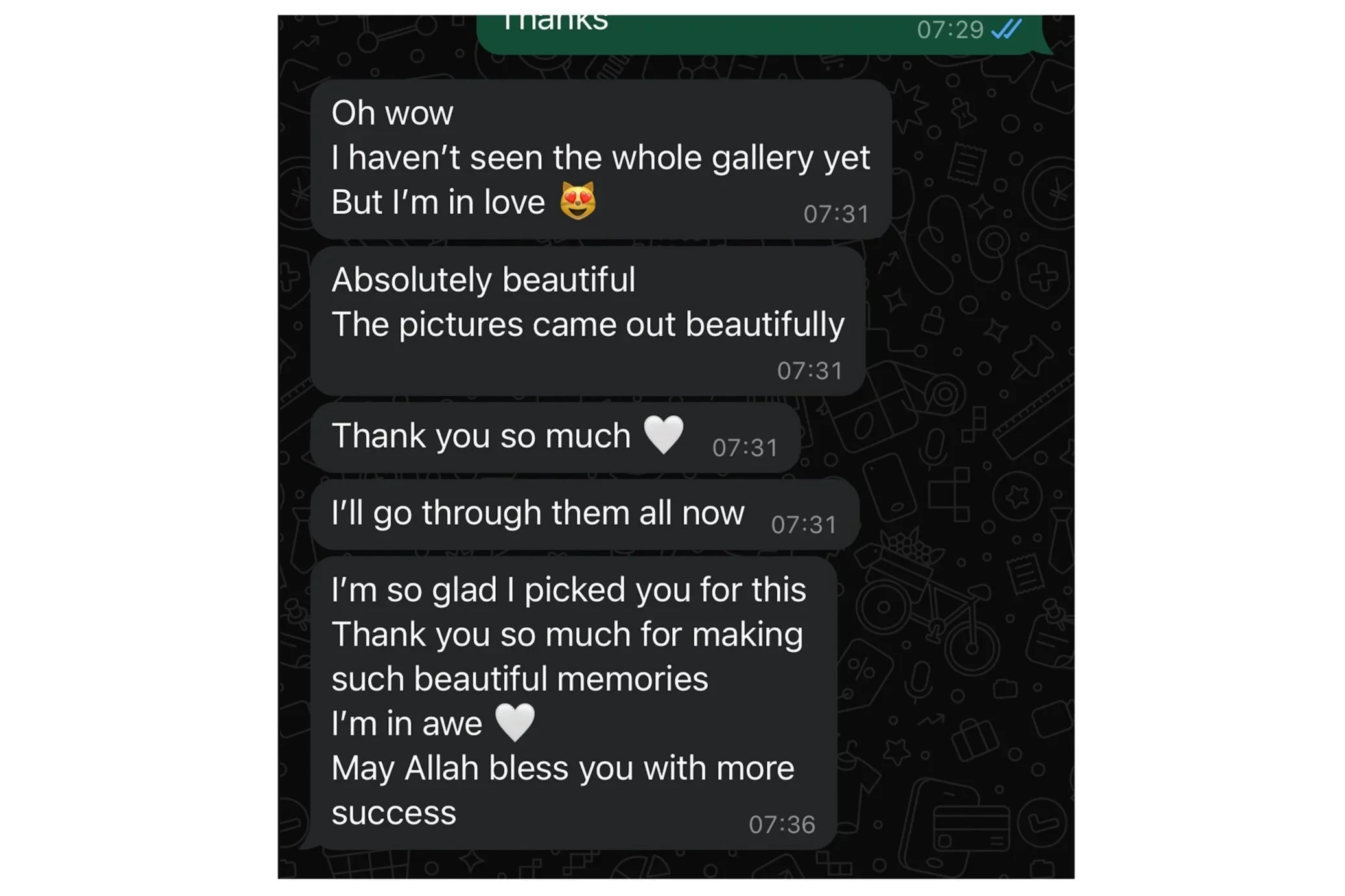 Screenshot of a WhatsApp conversation with messages expressing admiration for a gallery of artwork, saying the pictures are beautiful, and thanking the sender for making memorable experiences.