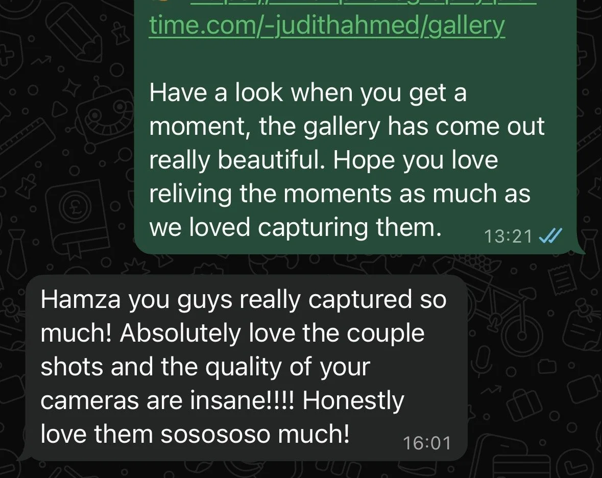 A WhatsApp conversation with one message about an art gallery and another praising camera quality.