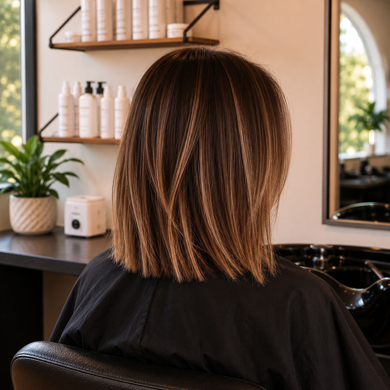 Back of a woman with shoulder-length, layered brown hair sitting in a salon chair, facing a mirror, with a plant and hair products on a shelf behind her.
