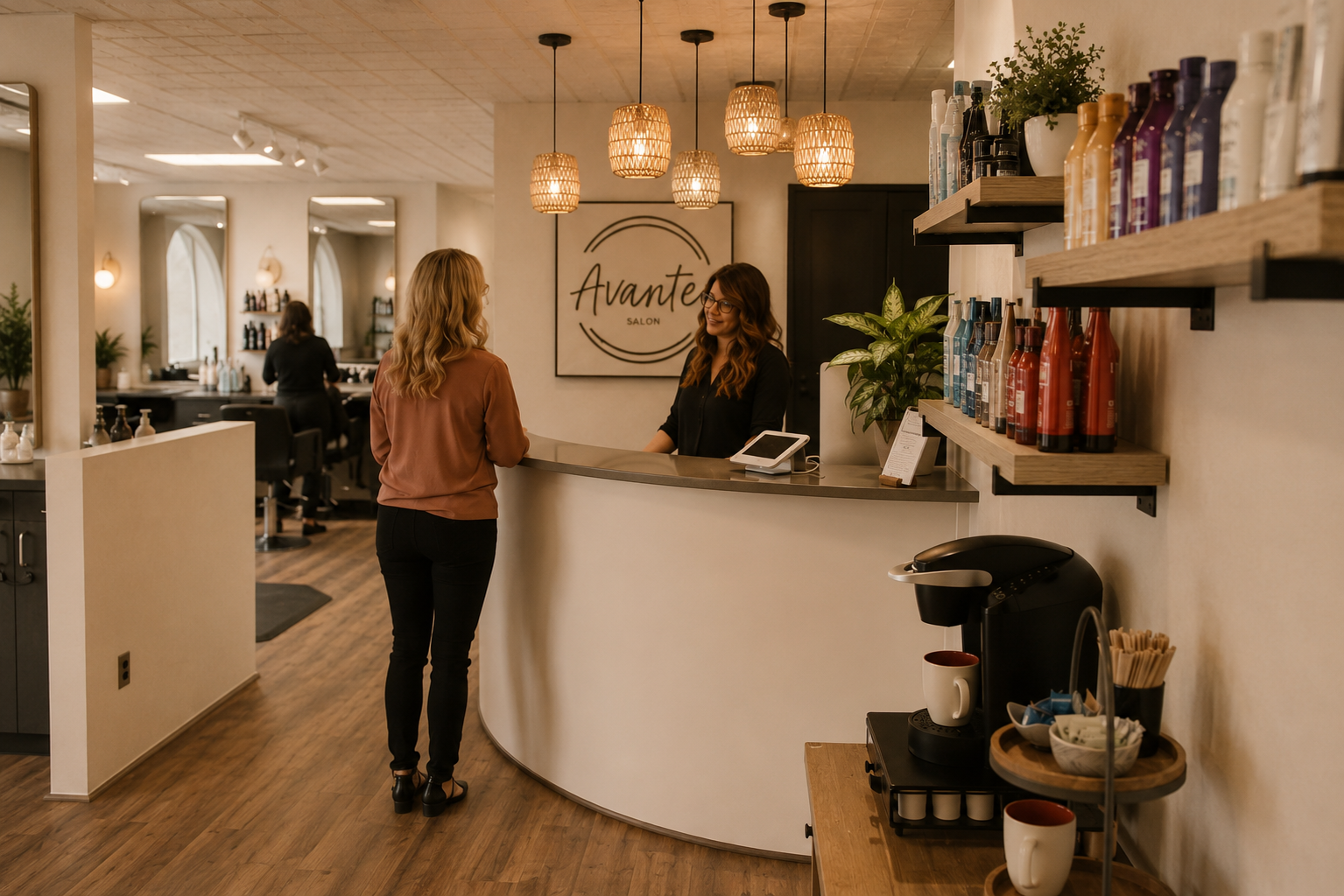 Guest checking in at the salon reception desk with a friendly team member.