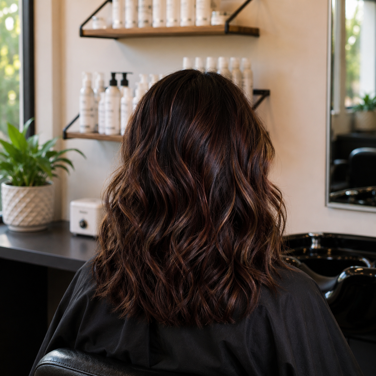 Back of a woman with wavy, dark brown hair with reddish highlights sitting in a salon chair.