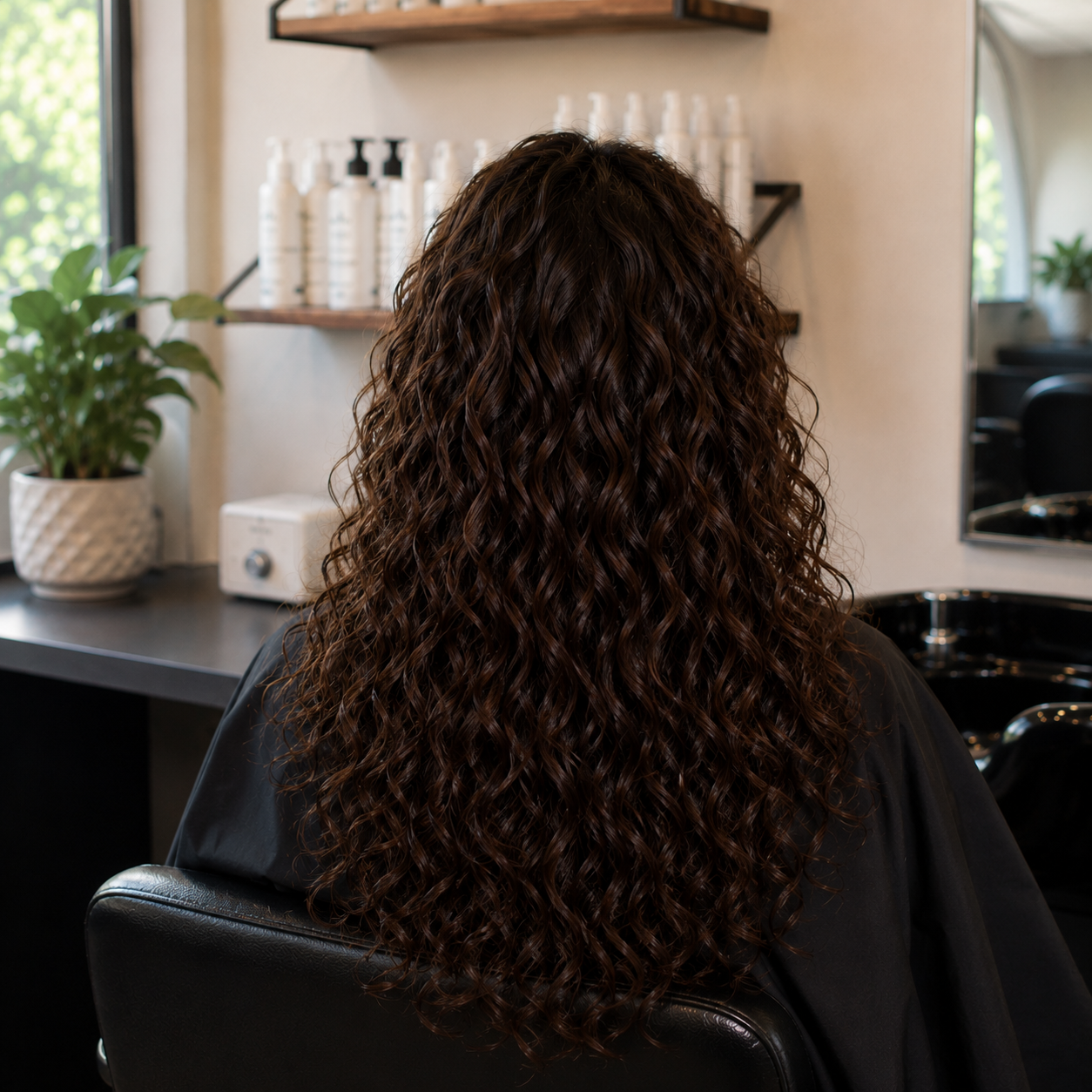 Back view of a woman with long, brown, curly hair sitting in a salon chair.