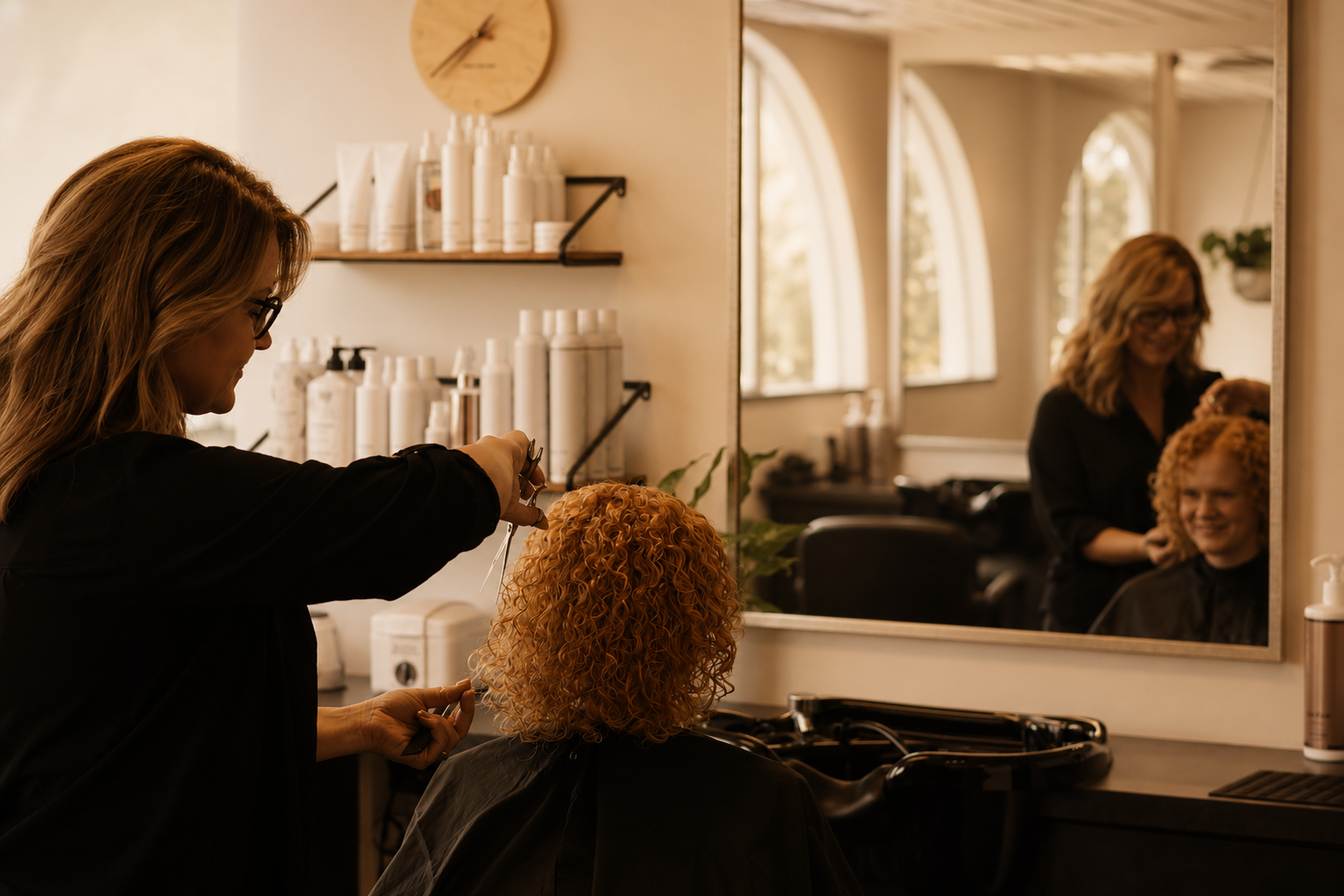 Curly hair specialist styling natural curls at Avante Salon near Kalamazoo.