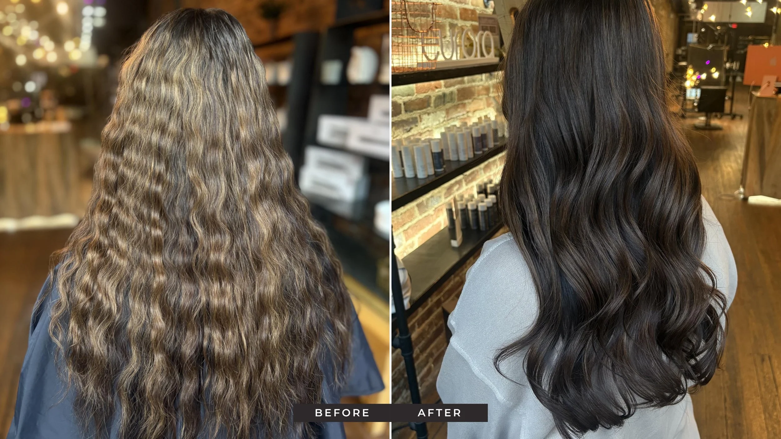 before and after of custom color going back to darker brunette after full highlights