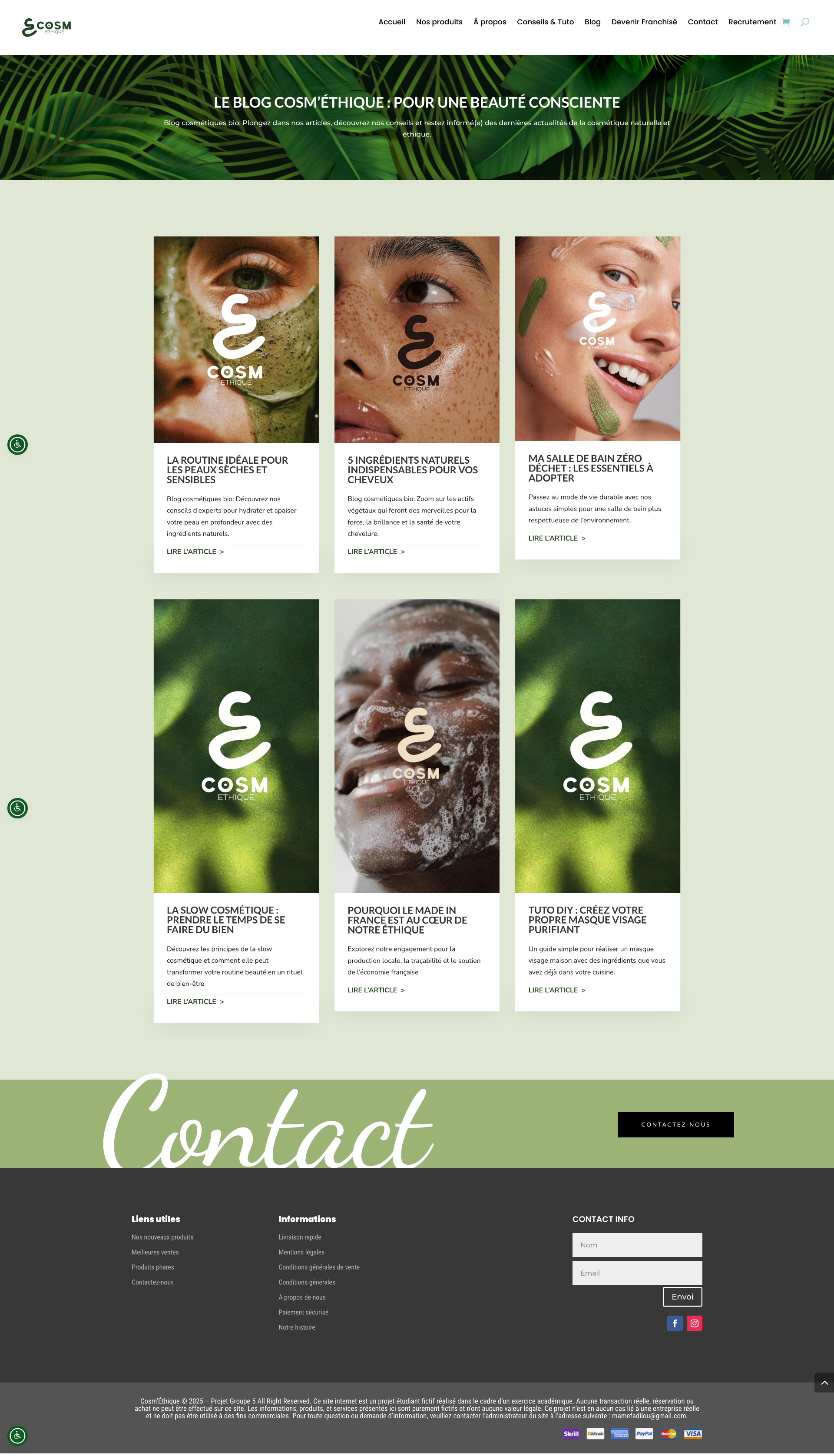 Page d'accueil d'un blog cosmétique avec un fond végétal vert, plusieurs articles sur la beauté naturelle et l'éthique cosmétique, un menu en haut, une section Contact avec un formulaire.