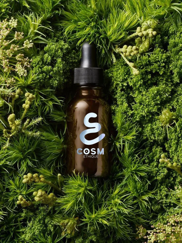 Une bouteille en verre marron avec un bouchon noir, portant le logo de COSM Éthique, est entourée de verdure dense et de plantes vertes variées.