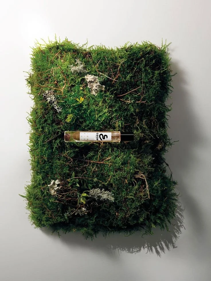 Une composition de mousse verte avec de petits lichens et des plantes, avec un flacon de parfum noir et blanc posé au centre, le tout sur une surface blanche.