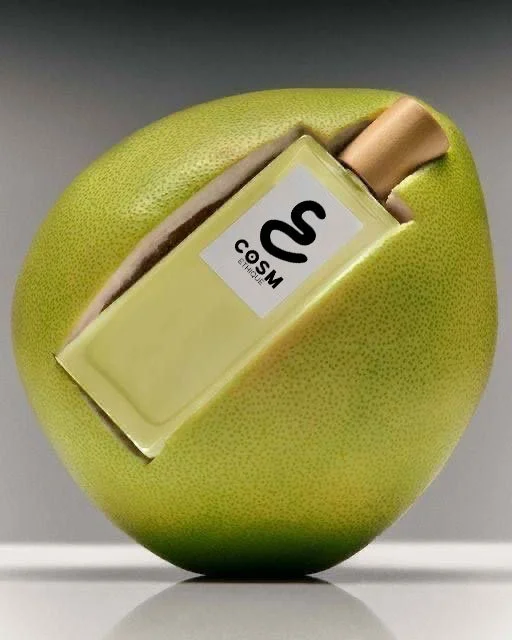 Une pomme verte avec un flacon de parfum inséré dans une bouche de pomme.