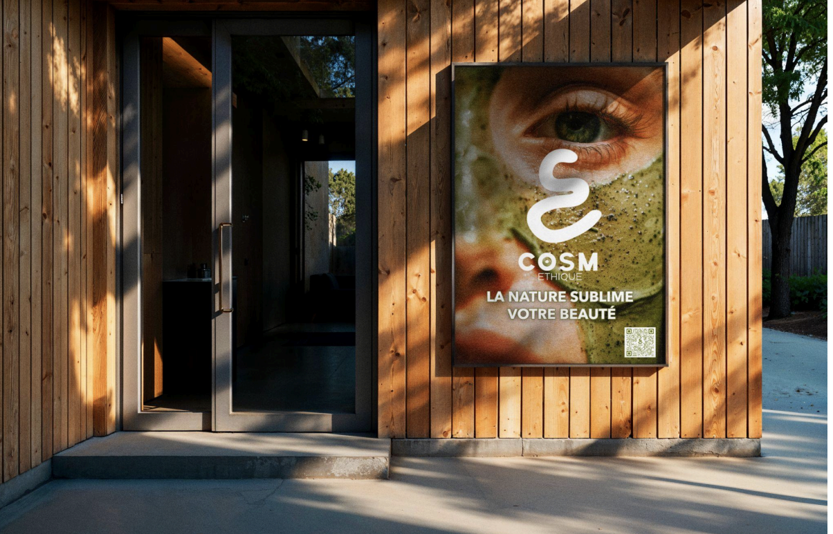 Une façade en bois avec une porte en verre et un panneau publicitaire pour une entreprise de cosmétique spécialisée dans la nature, avec une image d'une personne utilisant un produit à base de café.