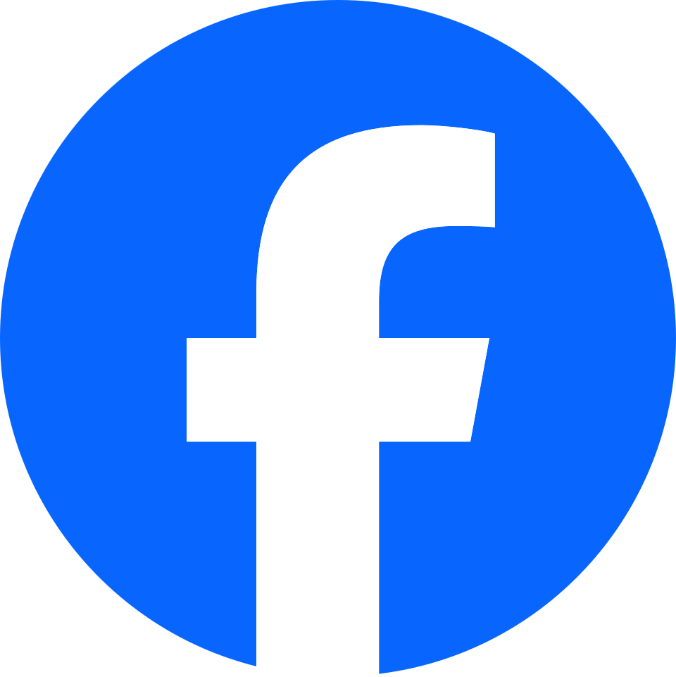 Facebook logo with white 'f' on blue circular background.