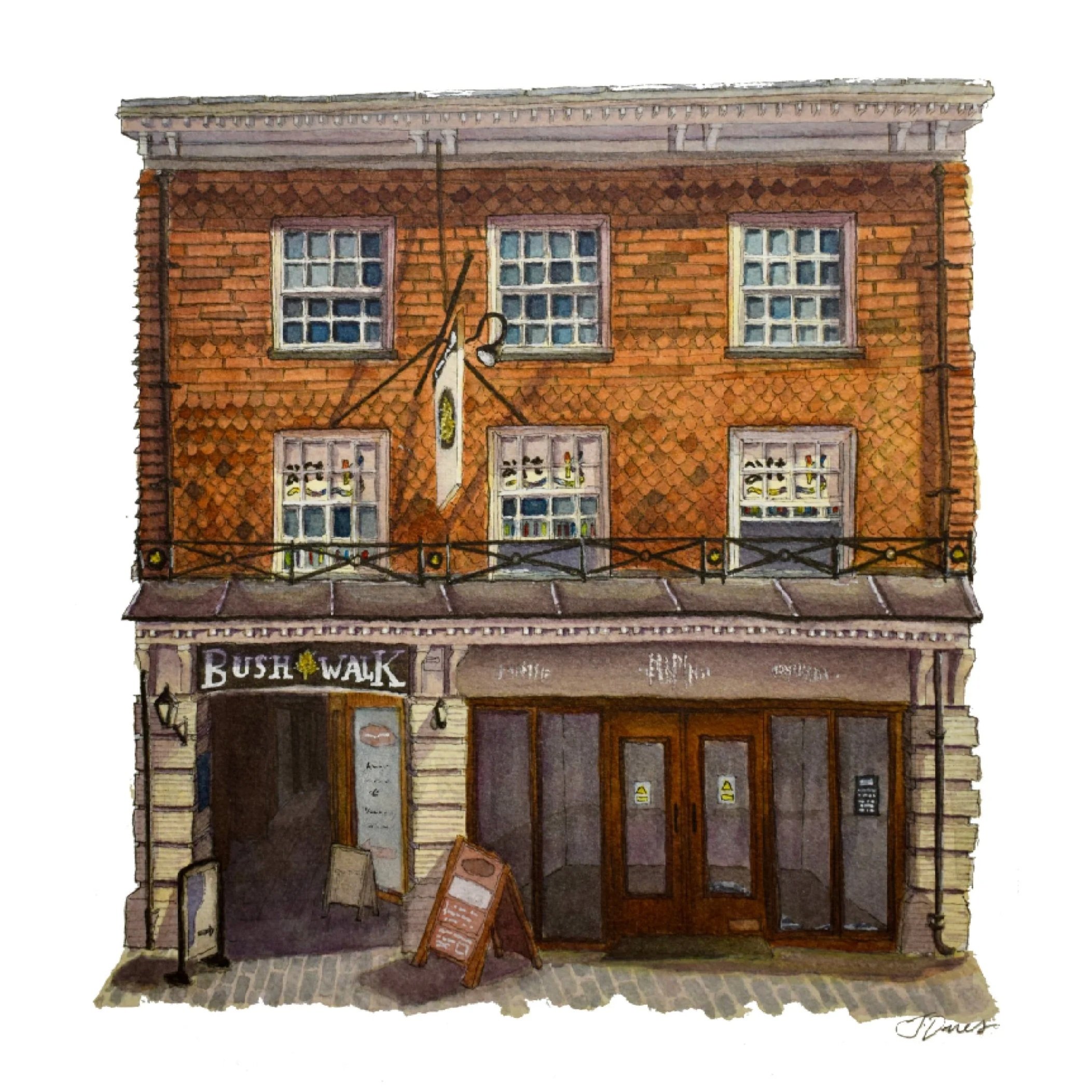 Watercolour painting of Bush Walk in London: A brick building with a sign saying 'Bush Walk' on the ground floor, featuring wooden double doors and signage, and four upper windows with decorative trim.