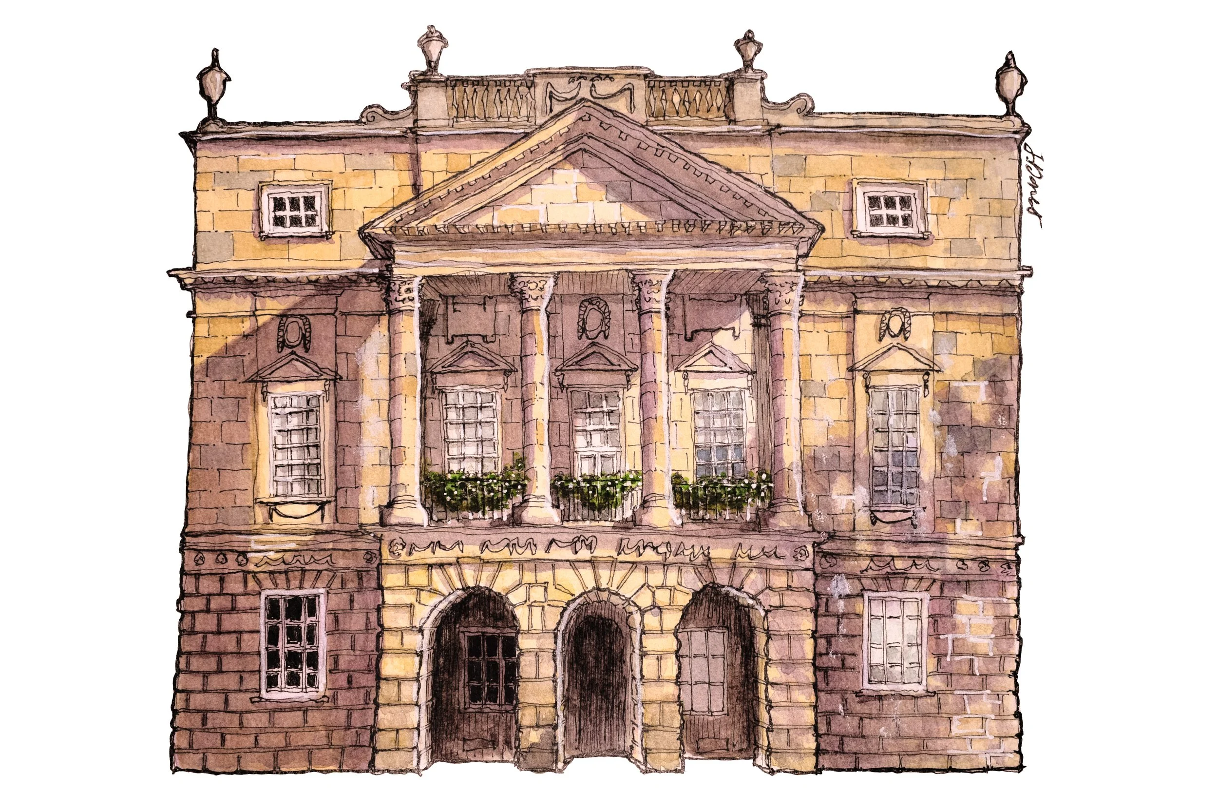 Watercolour painting of the Holburne Musuem, an 18th Century Georgian style building, located in Bath. It is a light coloured building with arches and a portico.