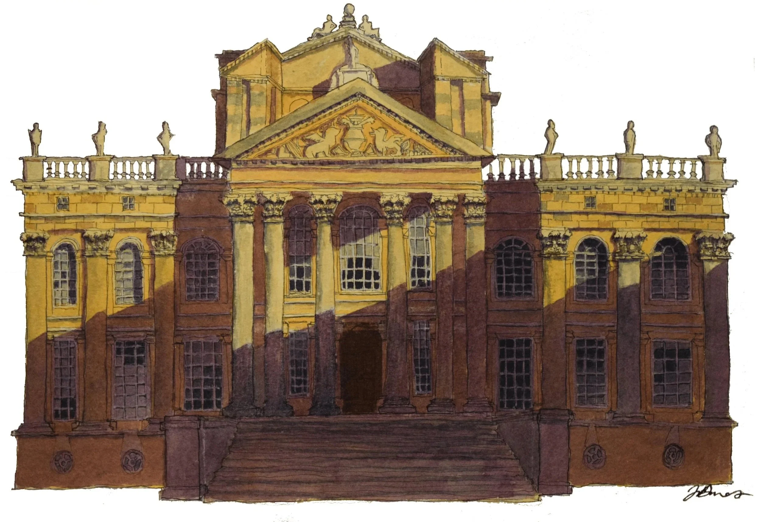 Watercolour painting of Blenheim Palace, a Baroque style building located in Derbyshire. It has stairs and large portico and is slightly yellow.