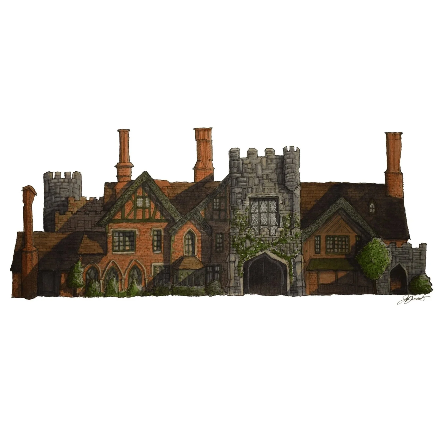 Watercolour painting of Hill House, a Gothic style building from the TV show 'The Haunting of Hill House'. It has a mix of brick, wood and stone used throughout the house.