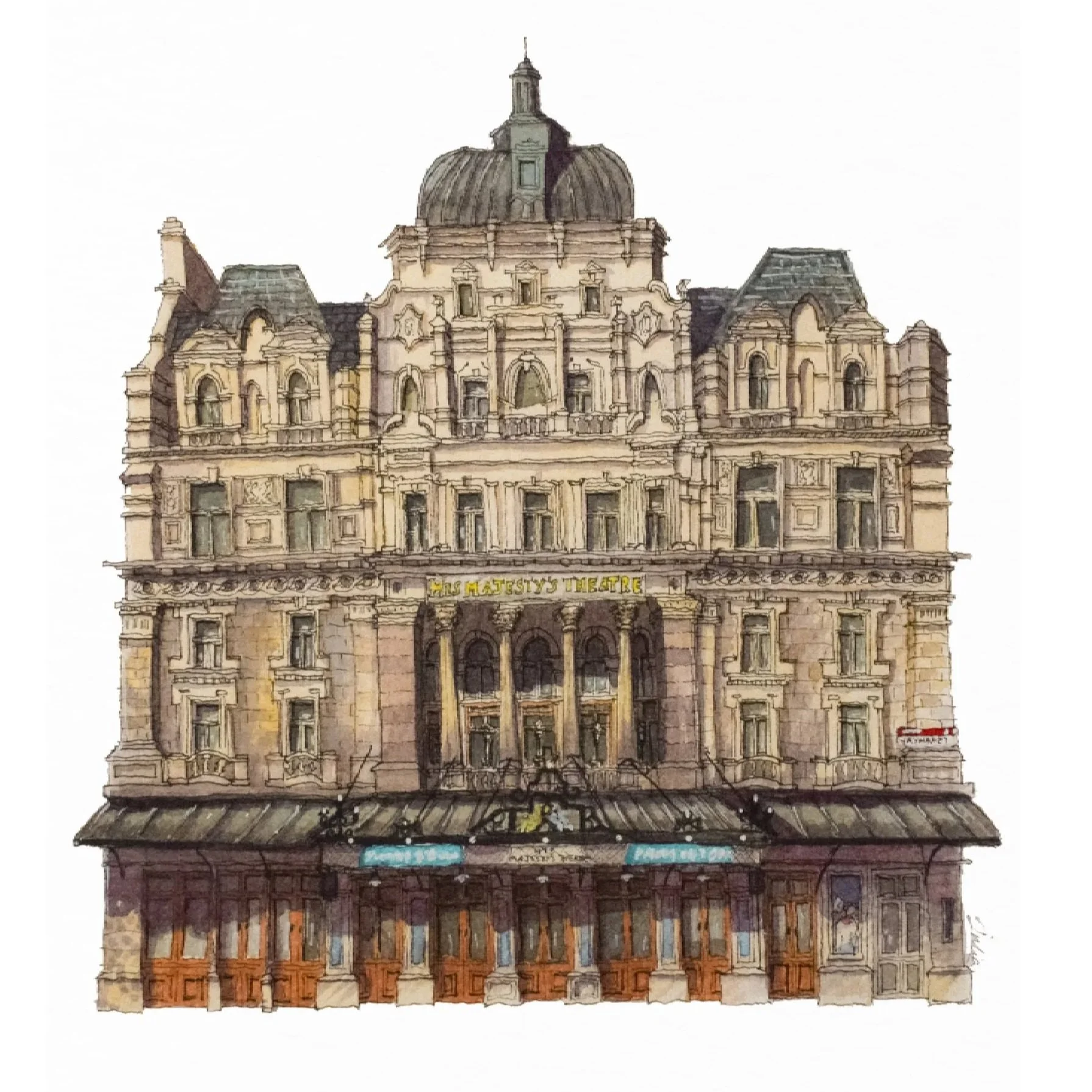 Watercolour painting of Her Majesty's Theatre in London,  a 19th Century building inspired by the French Renaissance style. It is a light coloured building with a grey roof and a lot of ornamental design on the front of the building.