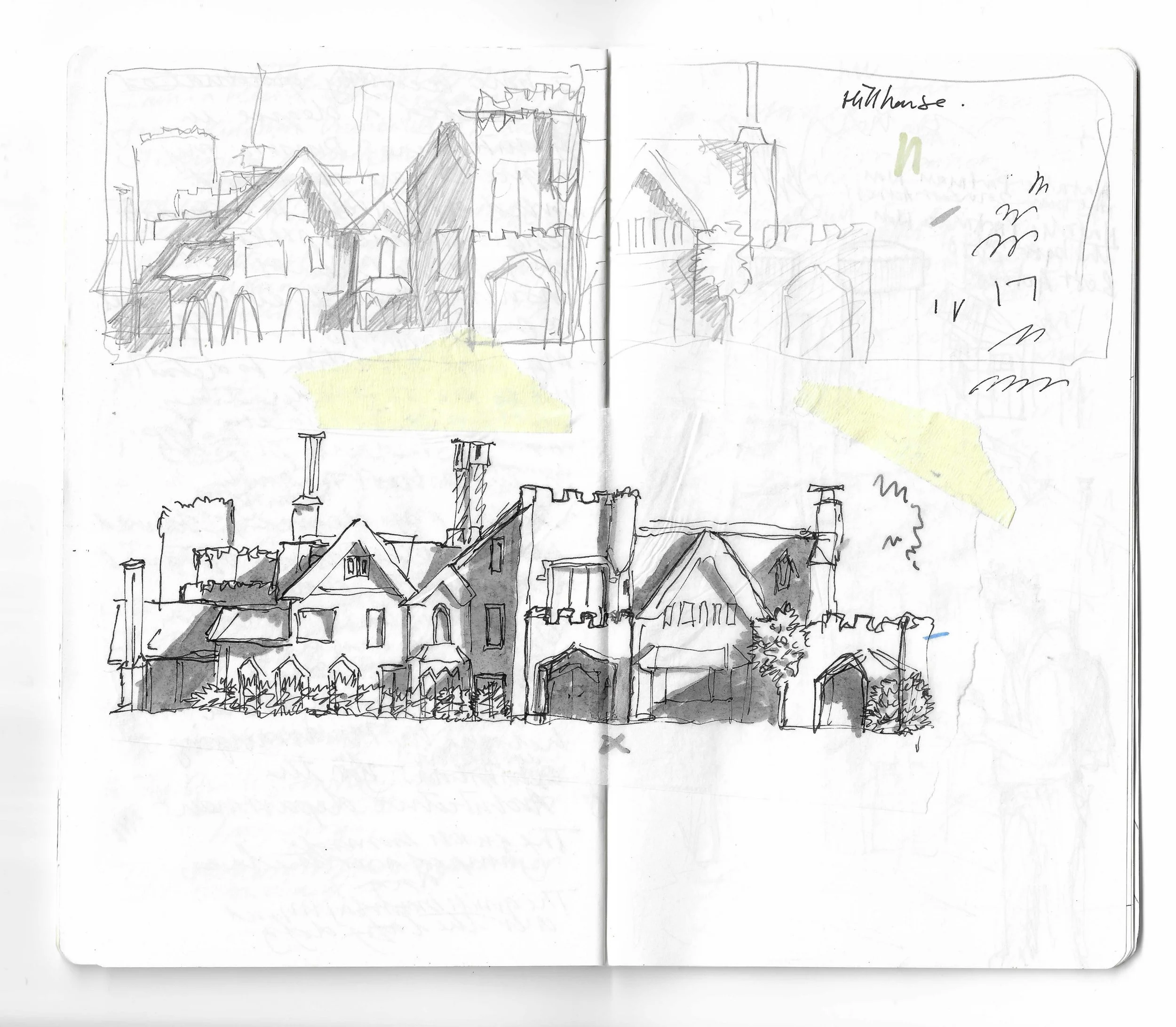 Sketch of a castle or large house with turrets, pitched roofs, and chimneys, featuring a rough, artistic style, with some areas shaded and some lightly colored in yellow.