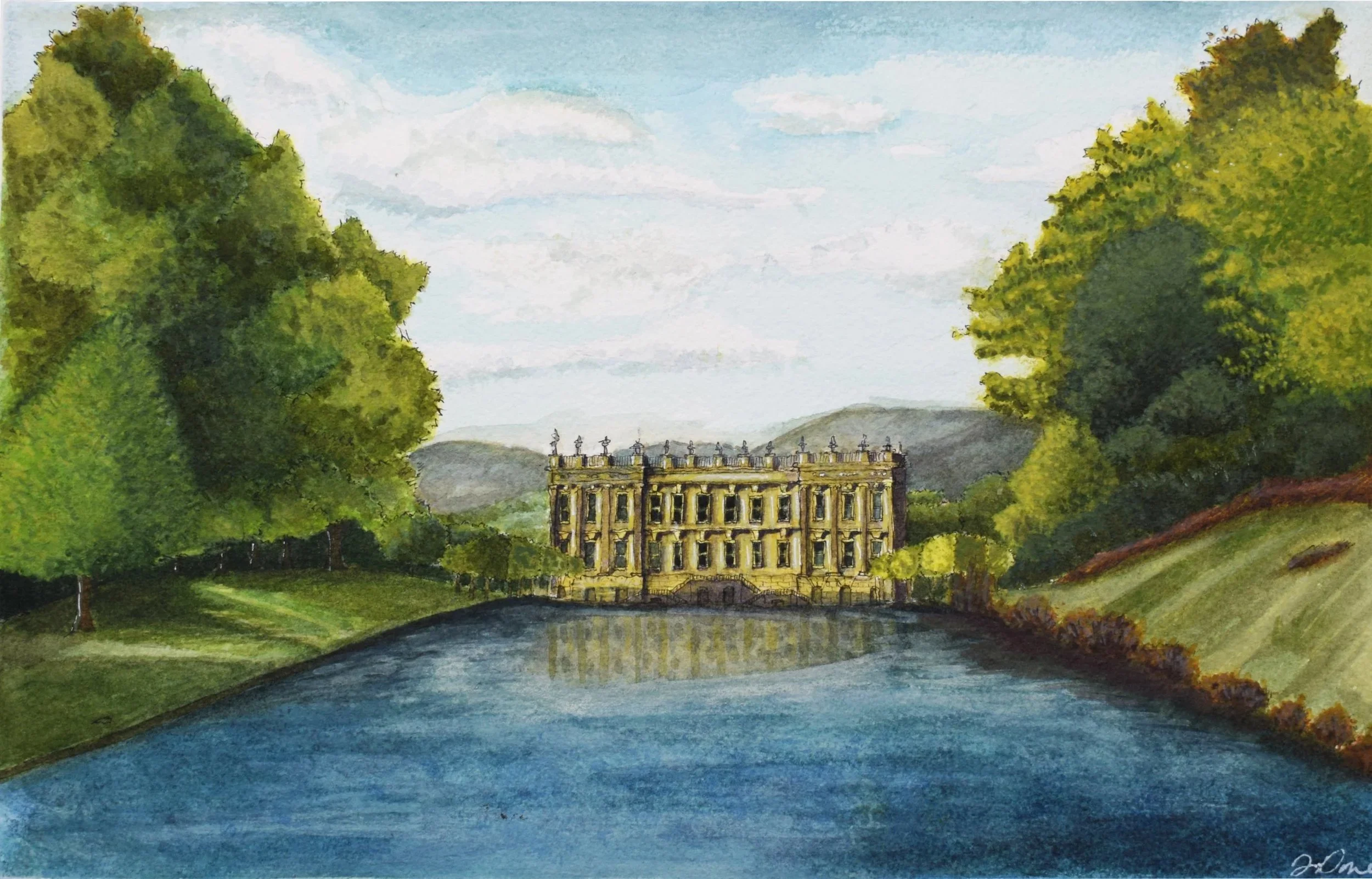 Landscape painting of a large historic mansion surrounded by trees, with a river in the foreground and hills in the background.